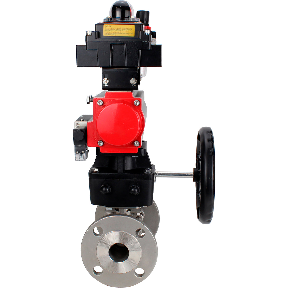 Ball valves Elephant BV3131P(3pc)-FP-F-ISO-H 16 bar, three-piece full bore flanged, stainless steel SS304, PTFE, with pneumatic actuator PA-DA, with pneumatic distributor 4M310-08 24V, with LSU APL- 410N EX, with manual Doubler MON1-250-T26-ISO, with ATU