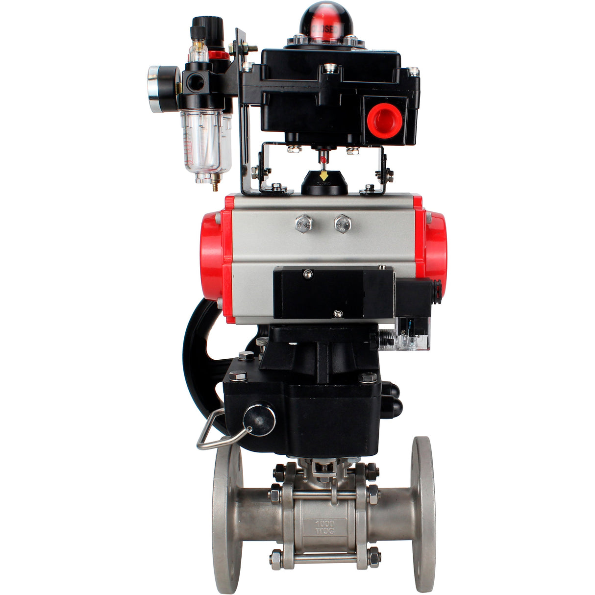 Ball valves Elephant BV3131P(3pc)-FP-F-ISO-H 16 bar, three-piece full bore flanged, stainless steel SS304, PTFE, with pneumatic drive PA-DA, with pneumatic distributor 4M310-08 220V, with LSU APL- 410N EX, with manual Doubler MON1-250-T26-ISO, with ATU AF