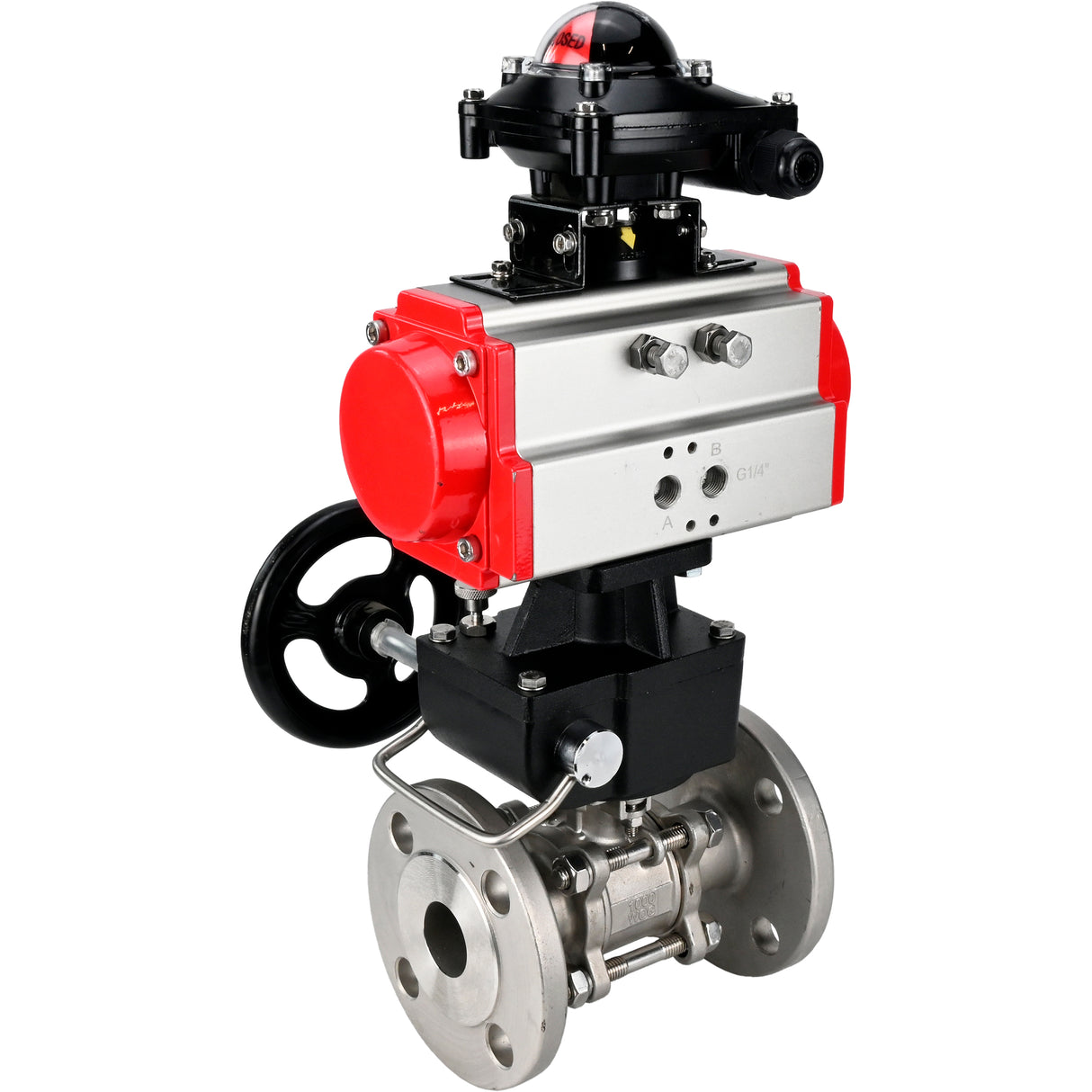 Válvula de bola de acero inoxidable Elephant ksfpt-304-180-da-apl210n-hdm, material del cuerpo - acero inoxidable AISI 304, material de la bola - acero inoxidable AISI 304, sello - PTFE, actuador neumático operado