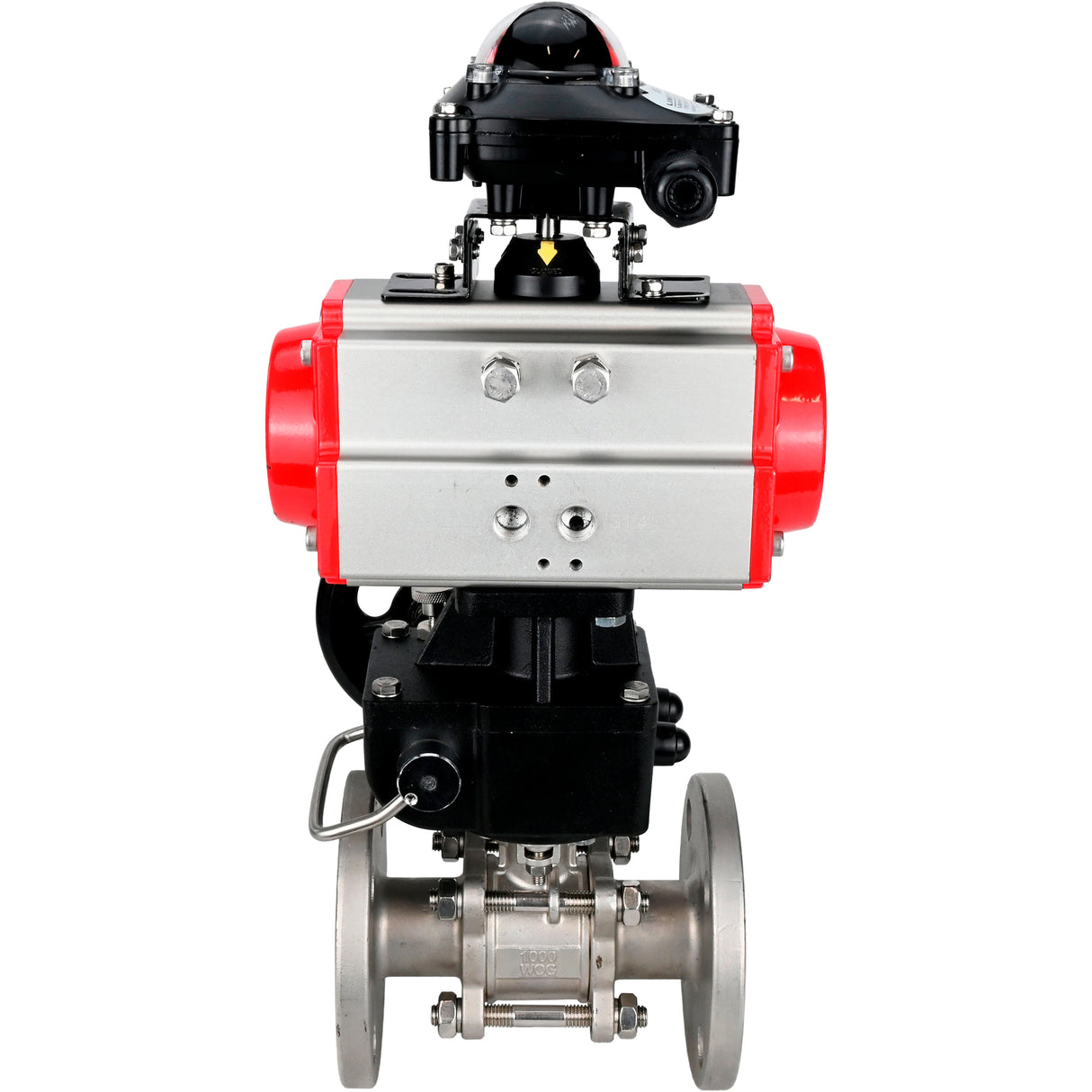 Válvula de bola de acero inoxidable Elephant ksfpt-304-180-da-apl210n-hdm, material del cuerpo - acero inoxidable AISI 304, material de la bola - acero inoxidable AISI 304, sello - PTFE, actuador neumático operado