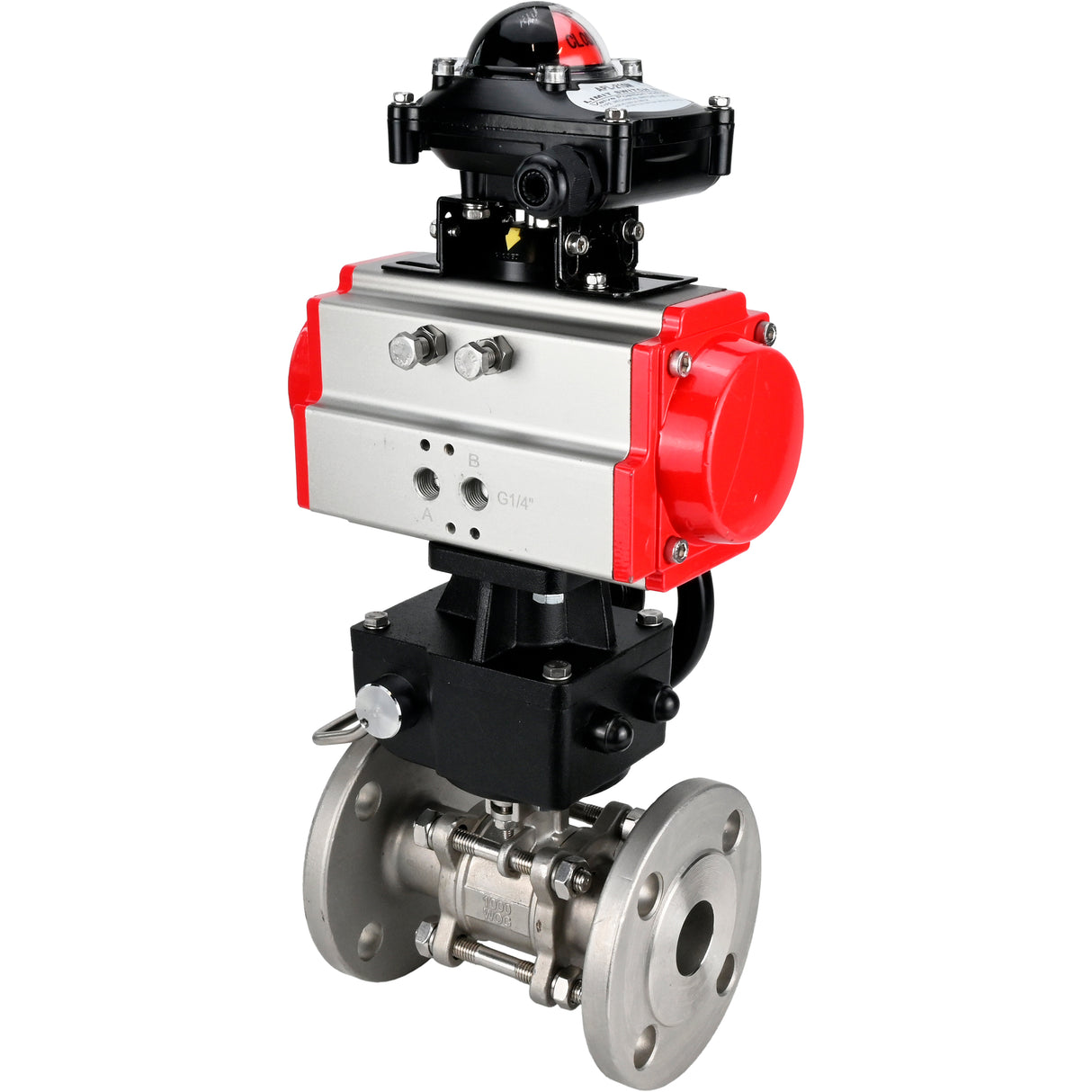 Válvula de bola de acero inoxidable Elephant ksfpt-304-180-da-apl210n-hdm, material del cuerpo - acero inoxidable AISI 304, material de la bola - acero inoxidable AISI 304, sello - PTFE, actuador neumático operado