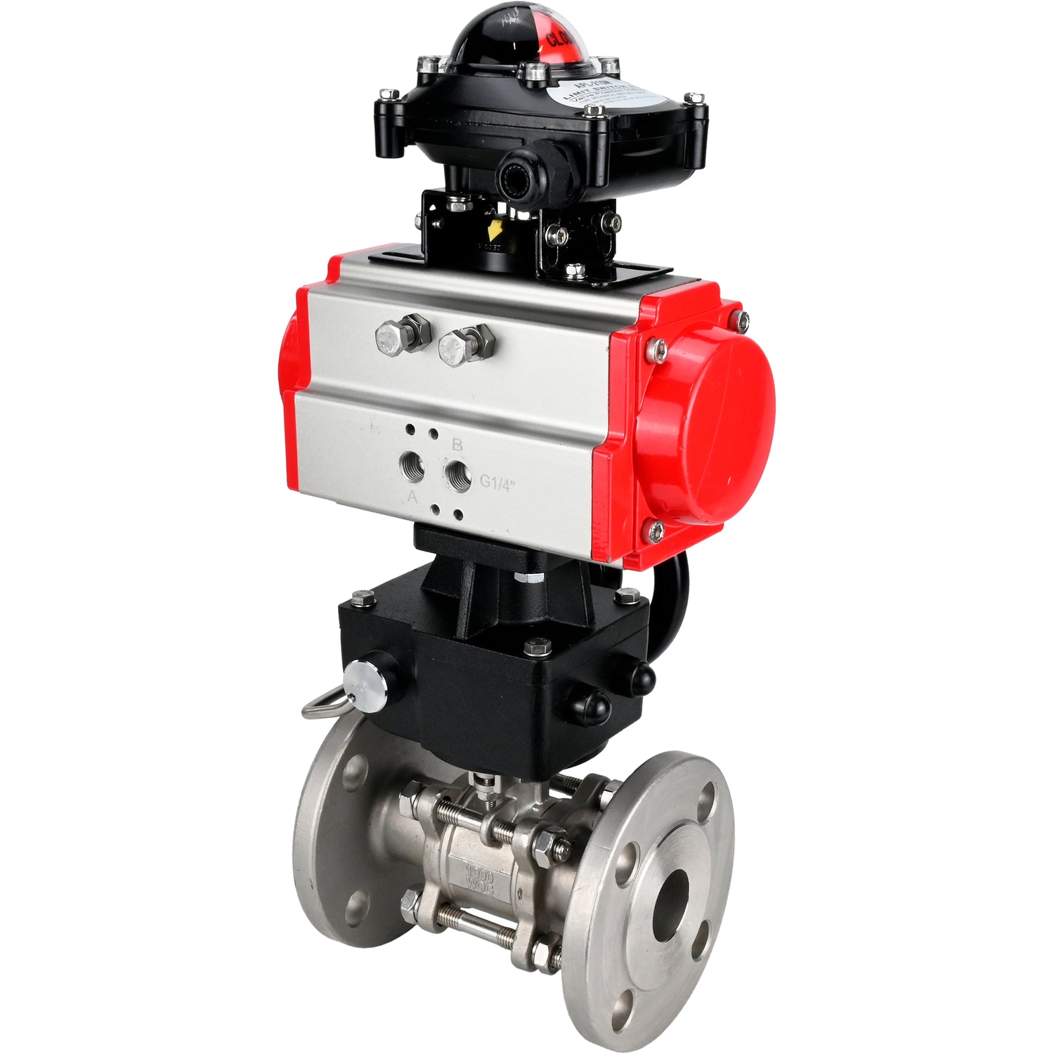 Válvula de bola de acero inoxidable Elephant ksfpt-304-180-da-apl210n-hdm, material del cuerpo - acero inoxidable AISI 304, material de la bola - acero inoxidable AISI 304, sello - PTFE, actuador neumático operado