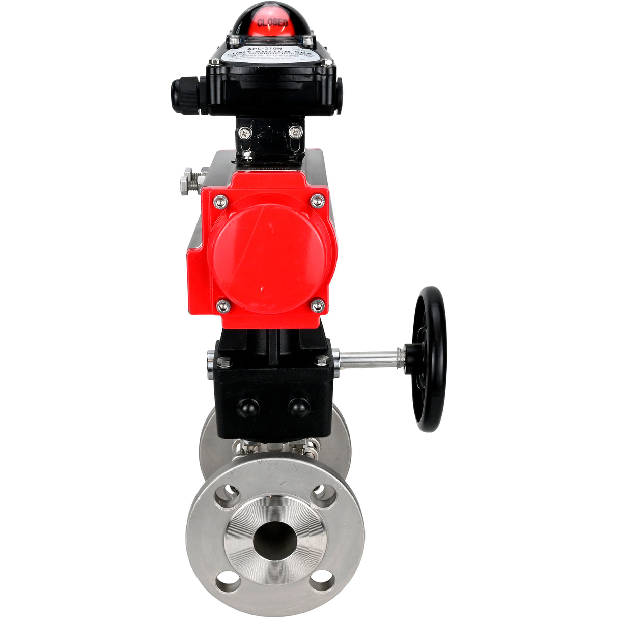 Válvula de bola de acero inoxidable Elephant ksfpt-304-180-da-apl210n-hdm, material del cuerpo - acero inoxidable AISI 304, material de la bola - acero inoxidable AISI 304, sello - PTFE, actuador neumático operado