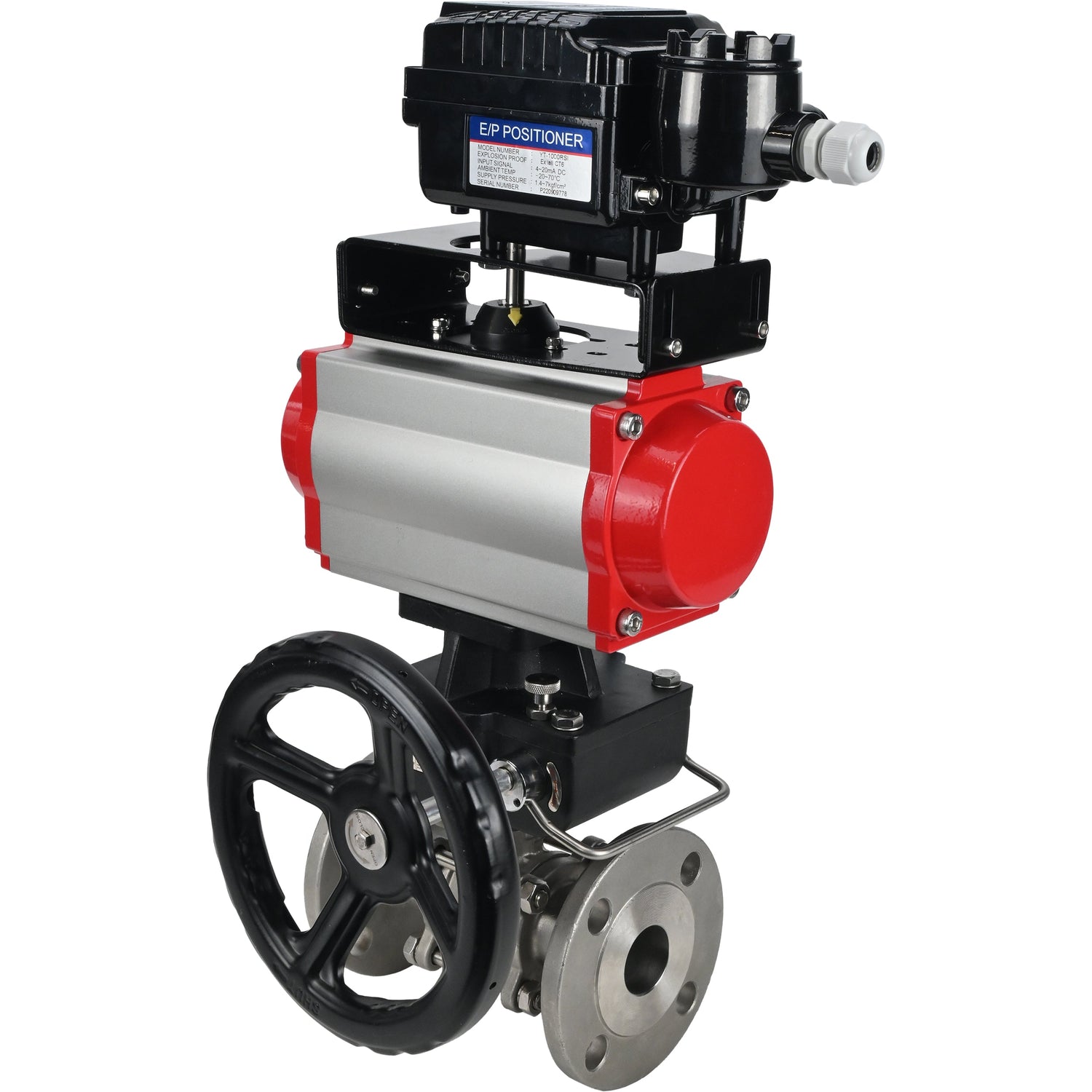 Válvula de bola de acero inoxidable Elephant ksfpt-316-180-da-yt1000rsn-hdm, material del cuerpo - acero inoxidable AISI 316, material de la bola - acero inoxidable AISI 316, sello - PTFE, actuador neumático operado