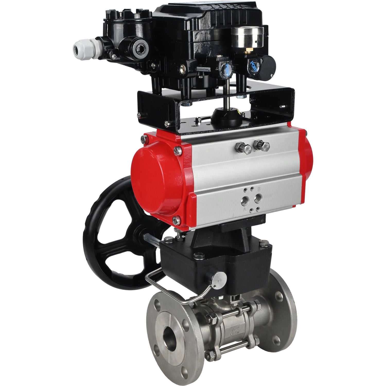 Válvula de bola de acero inoxidable Elephant ksfpt-316-180-da-yt1000rsn-hdm, material del cuerpo - acero inoxidable AISI 316, material de la bola - acero inoxidable AISI 316, sello - PTFE, actuador neumático operado