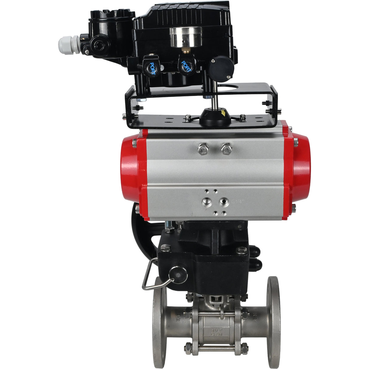 Válvula de bola de acero inoxidable Elephant ksfpt-304-180-da-yt1000rsi-hdm, material del cuerpo - acero inoxidable AISI 304, material de la bola - acero inoxidable AISI 304, sello - PTFE, actuador neumático operado