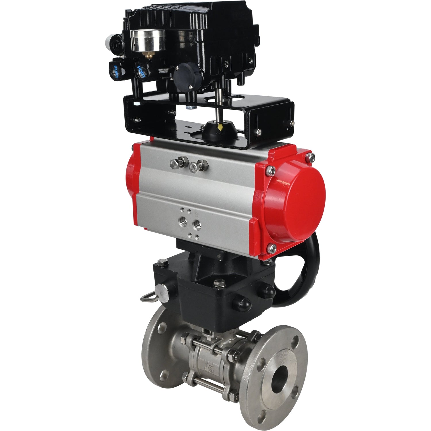 Válvula de bola de acero inoxidable Elephant ksfpt-316-180-da-yt1000rsn-hdm, material del cuerpo - acero inoxidable AISI 316, material de la bola - acero inoxidable AISI 316, sello - PTFE, actuador neumático operado