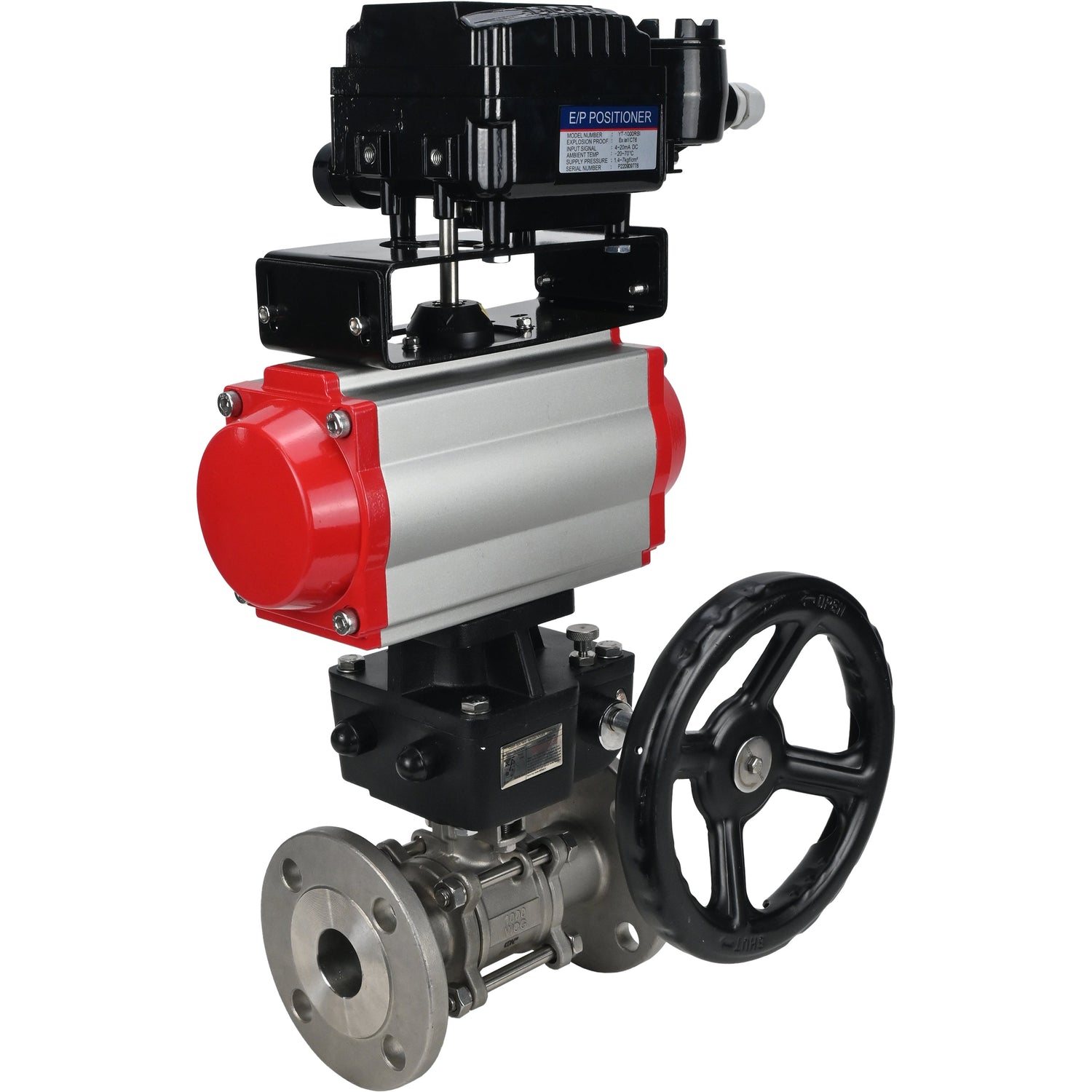 Válvula de bola de acero inoxidable Elephant ksfpt-316-180-da-yt1000rsn-hdm, material del cuerpo - acero inoxidable AISI 316, material de la bola - acero inoxidable AISI 316, sello - PTFE, actuador neumático operado