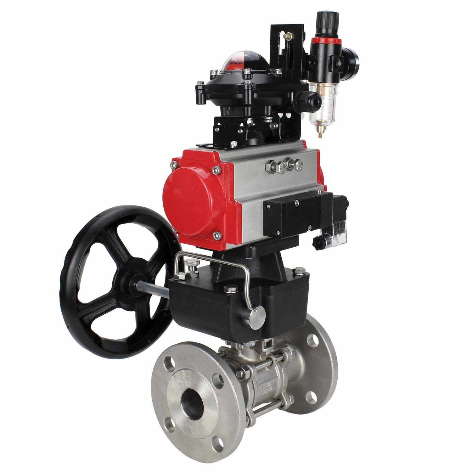 Válvula de bola de acero inoxidable Elephant ksfpt-304-180-da-4m310-24v-apl210n-hdm-afc2000, material del cuerpo - acero inoxidable AISI 304, material de la bola - acero inoxidable AISI 304, sello - PTFE, actuador neumático operado