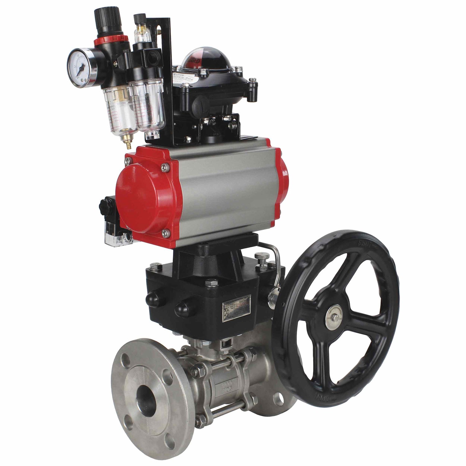 Válvula de bola de acero inoxidable Elephant ksfpt-304-180-da-4m310-110/220v-apl210n-hdm-afc2000, material del cuerpo - acero inoxidable AISI 304, material de la bola - acero inoxidable AISI 304, sello - PTFE, actuador neumático operado