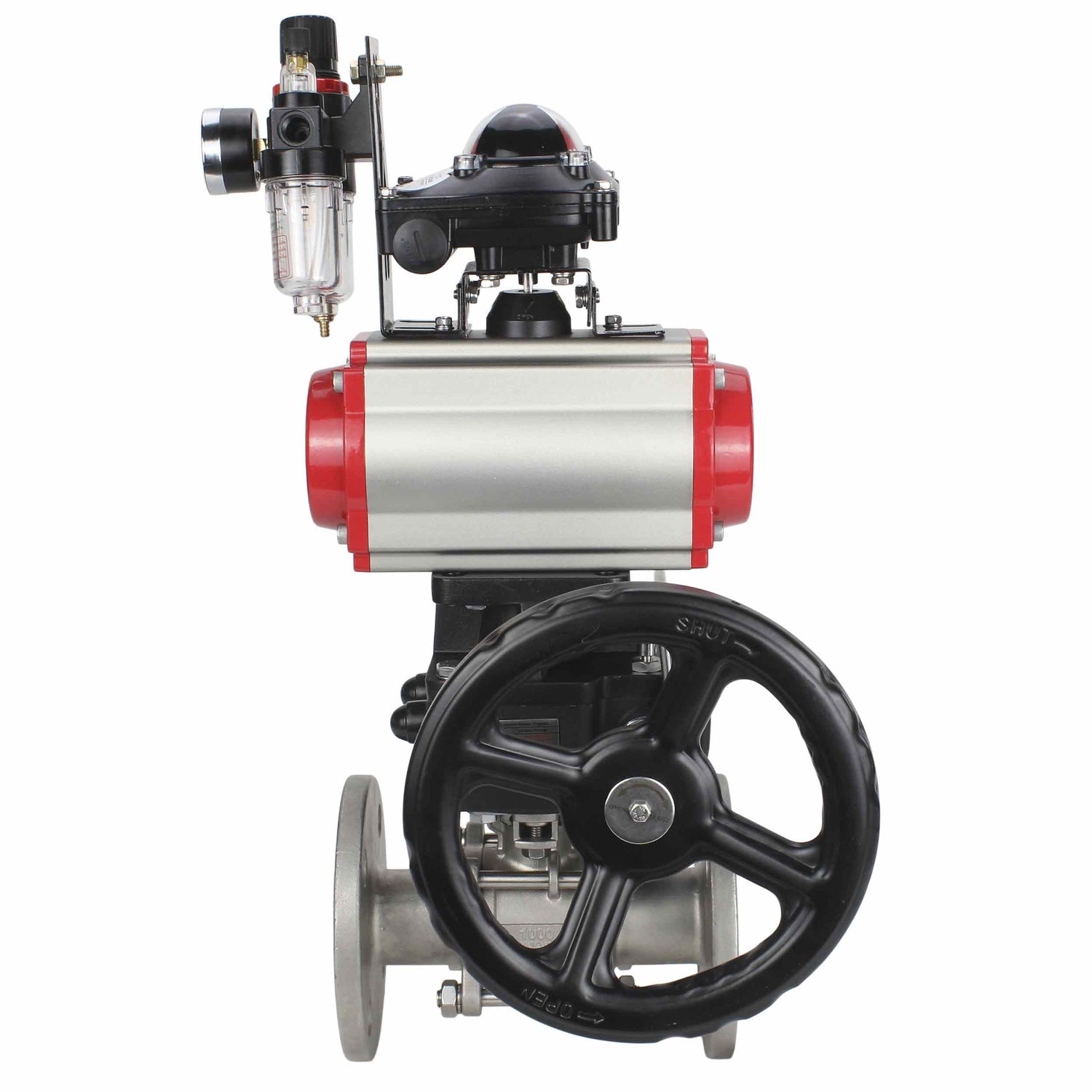 Válvula de bola de acero inoxidable Elephant ksfpt-304-180-da-4m310-110/220v-apl210n-hdm-afc2000, material del cuerpo - acero inoxidable AISI 304, material de la bola - acero inoxidable AISI 304, sello - PTFE, actuador neumático operado