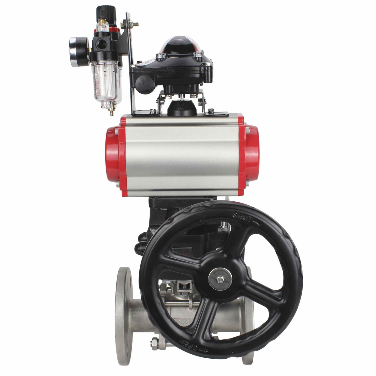 Válvula de bola de acero inoxidable Elephant ksfpt-316-180-da-4m310-110/220v-apl210n-hdm-afc2000, material del cuerpo - acero inoxidable AISI 316, material de la bola - acero inoxidable AISI 316, sello - PTFE, actuador neumático operado