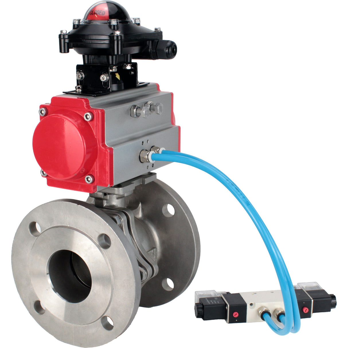 Ball valves Elephant BV3232P(2pc)-FP-F-ISO-H, full bore flanged, stainless steel SS316, seal - PTFE, with pneumatic actuator PA-SA with return springs, with pneumatic distributor 4V320-10 220V, with LSU APL-210N
