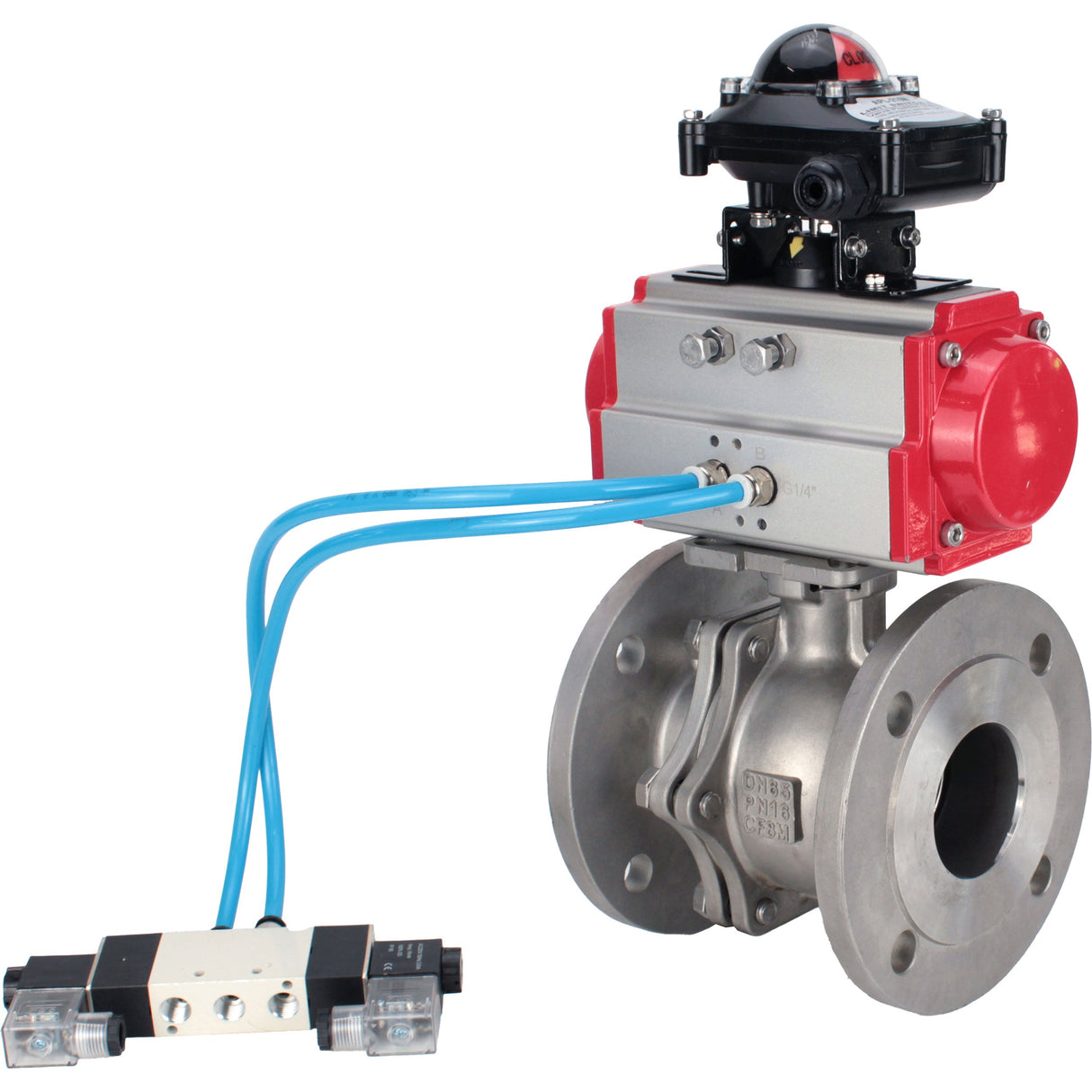 Ball valves Elephant BV3232P(2pc)-FP-F-ISO-H, full bore flanged, stainless steel SS316, seal - PTFE, with pneumatic actuator PA-SA with return springs, with pneumatic distributor 4V320-10 220V, with LSU APL-210N