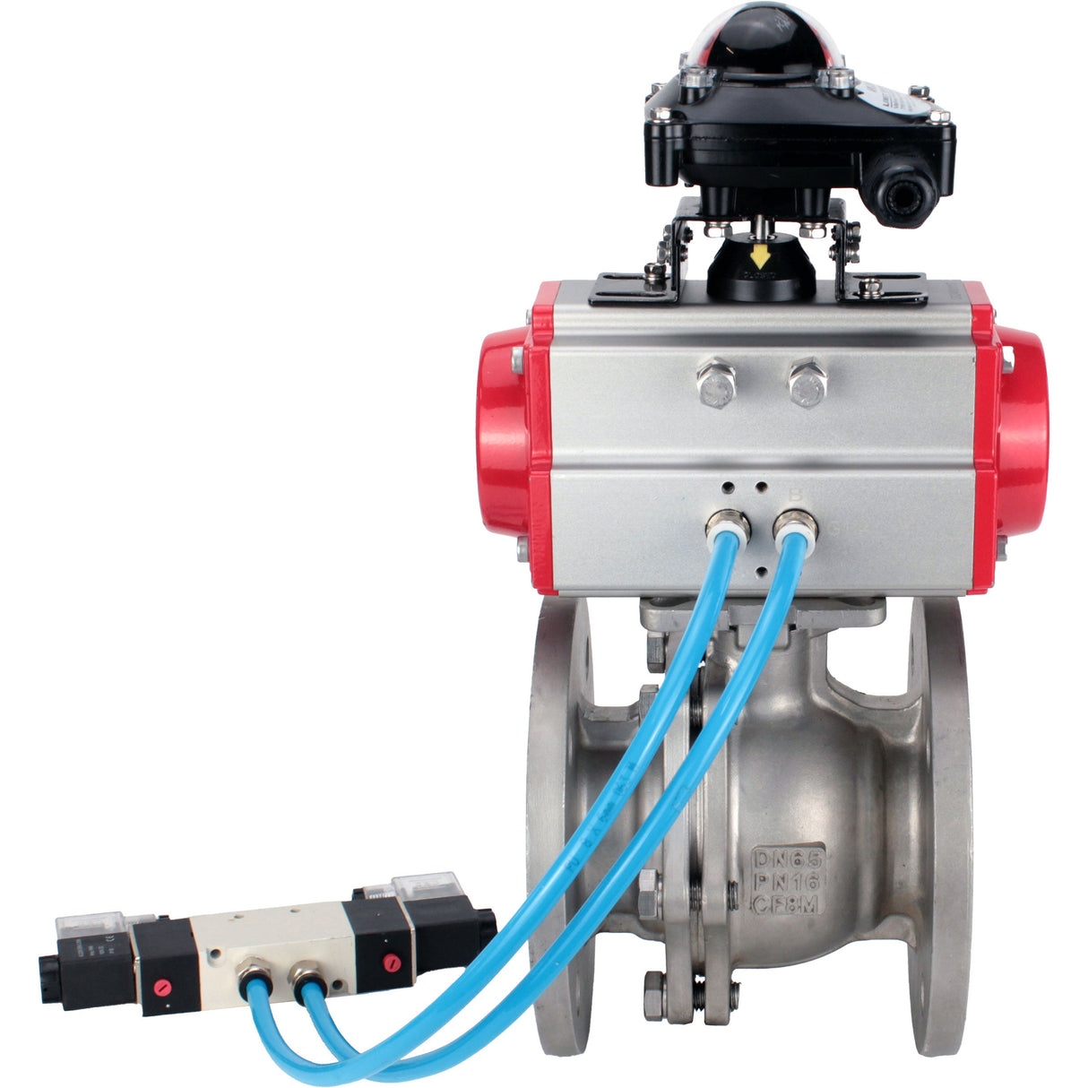 Ball valves Elephant BV3232P(2pc)-FP-F-ISO-H, full bore flanged, stainless steel SS316, seal - PTFE, with pneumatic actuator PA-SA with return springs, with pneumatic distributor 4V320-10 220V, with LSU APL-210N