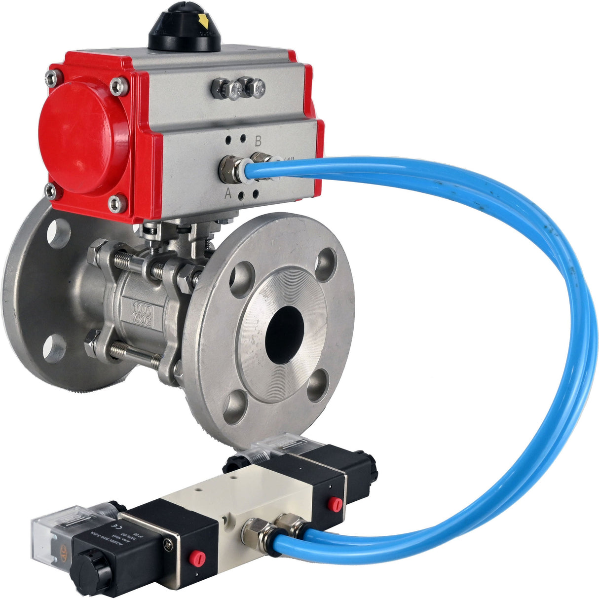 Vannes à boisseau sphérique Elephant BV3131P(3pc)-FP-F-ISO-H 16 bar, trois pièces à passage intégral à brides, acier inoxydable SS304, joint - PTFE, avec actionneur pneumatique PA-SA avec ressorts de rappel, avec distributeur pneumatique 4V320-08 220V
