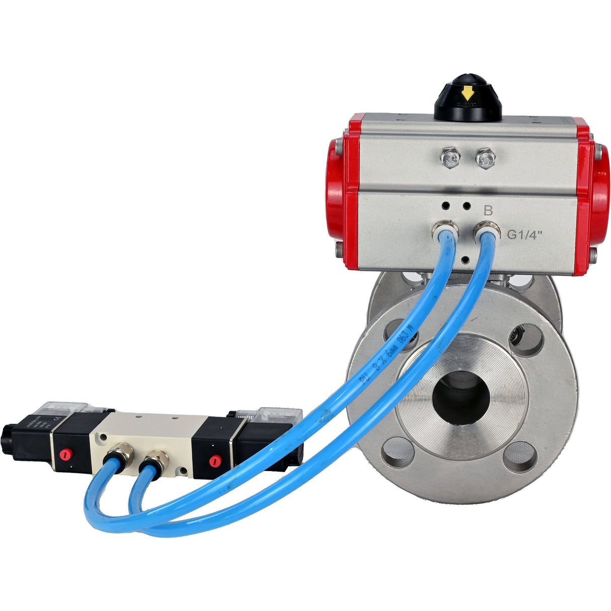 Vannes à boisseau sphérique Elephant BV3232P(3pc)-FP-F-ISO-H 16 bar, trois pièces à passage intégral à brides, acier inoxydable SS304, joint - PTFE, avec actionneur pneumatique double effet PA-DA, avec distributeur pneumatique 4V320-10 220V