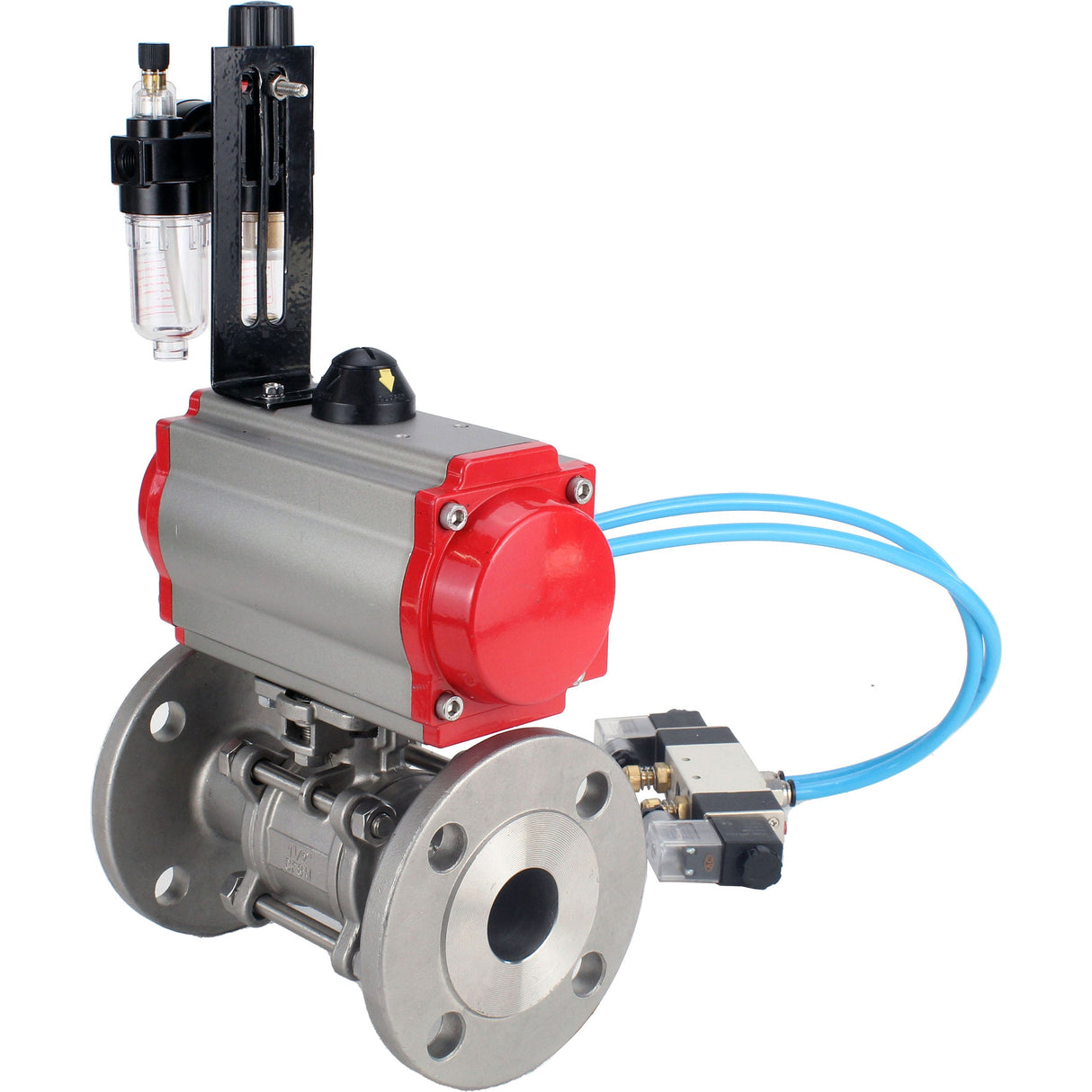 Ball valves Elephant BV3131P(3pc)-FP-F-ISO-H 16 bar, three-piece full bore flanged, stainless steel SS304, seal - PTFE, with double-acting PA-DA pneumatic actuator, with pneumatic distributor 4V320-08 220V, with ATU AFC2000