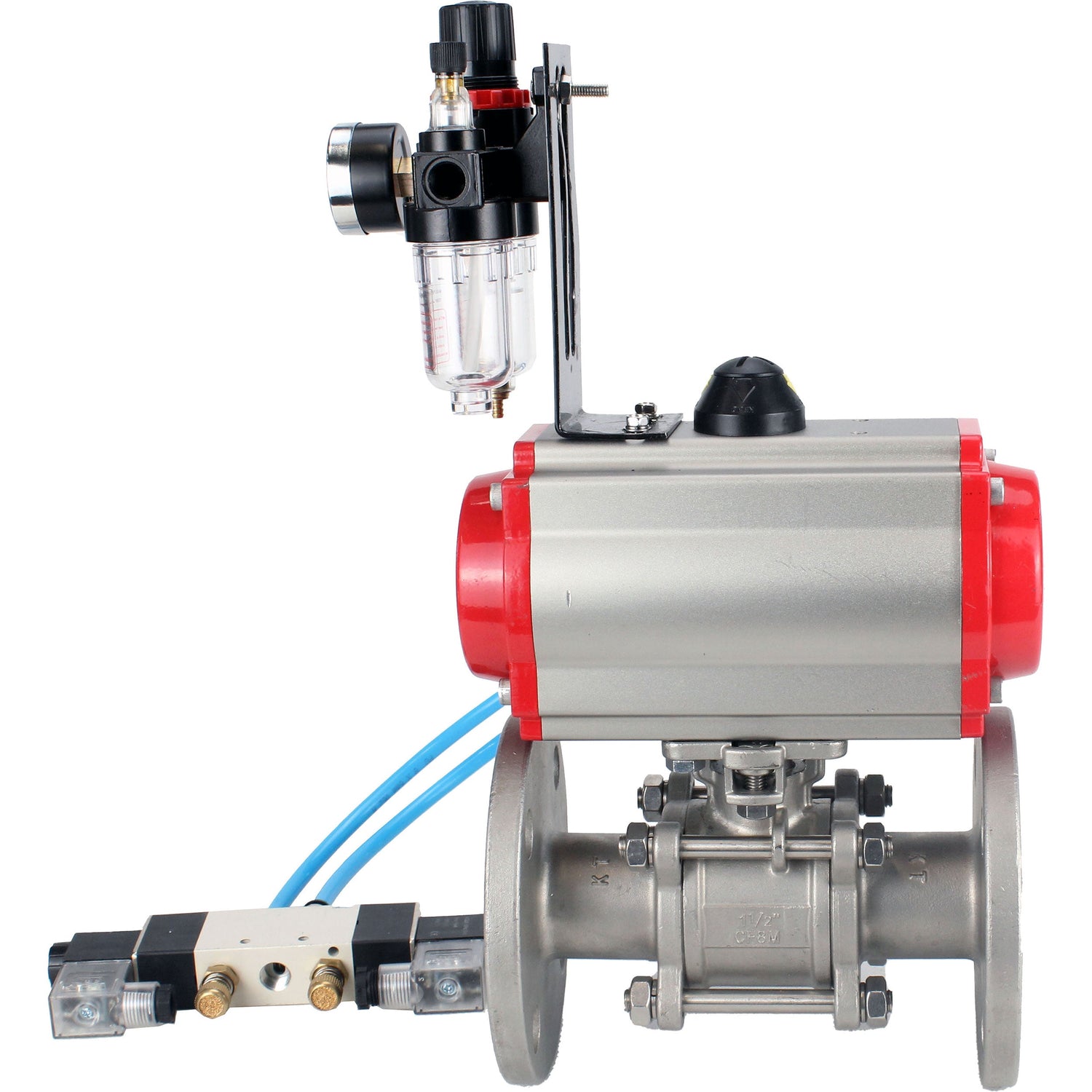 Ball valves Elephant BV3232P(3pc)-FP-F-ISO-H 16 bar, three-piece full bore flanged, stainless steel SS304, seal - PTFE, with pneumatic actuator PA-SA with return springs, with pneumatic distributor 4V320-10 220V, with GSV AFC2000