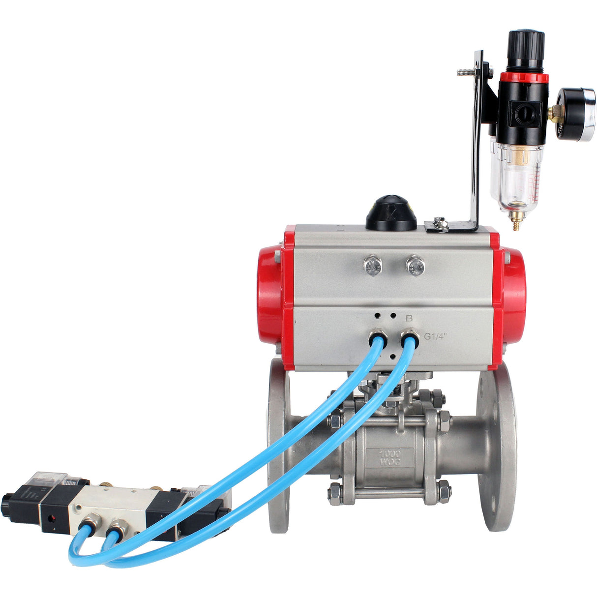 Ball valves Elephant BV3131P(3pc)-FP-F-ISO-H 16 bar, three-piece full bore flanged, stainless steel SS304, seal - PTFE, with pneumatic actuator PA-SA with return springs, with pneumatic distributor 4V320-10 220V, with GSV AFC2000