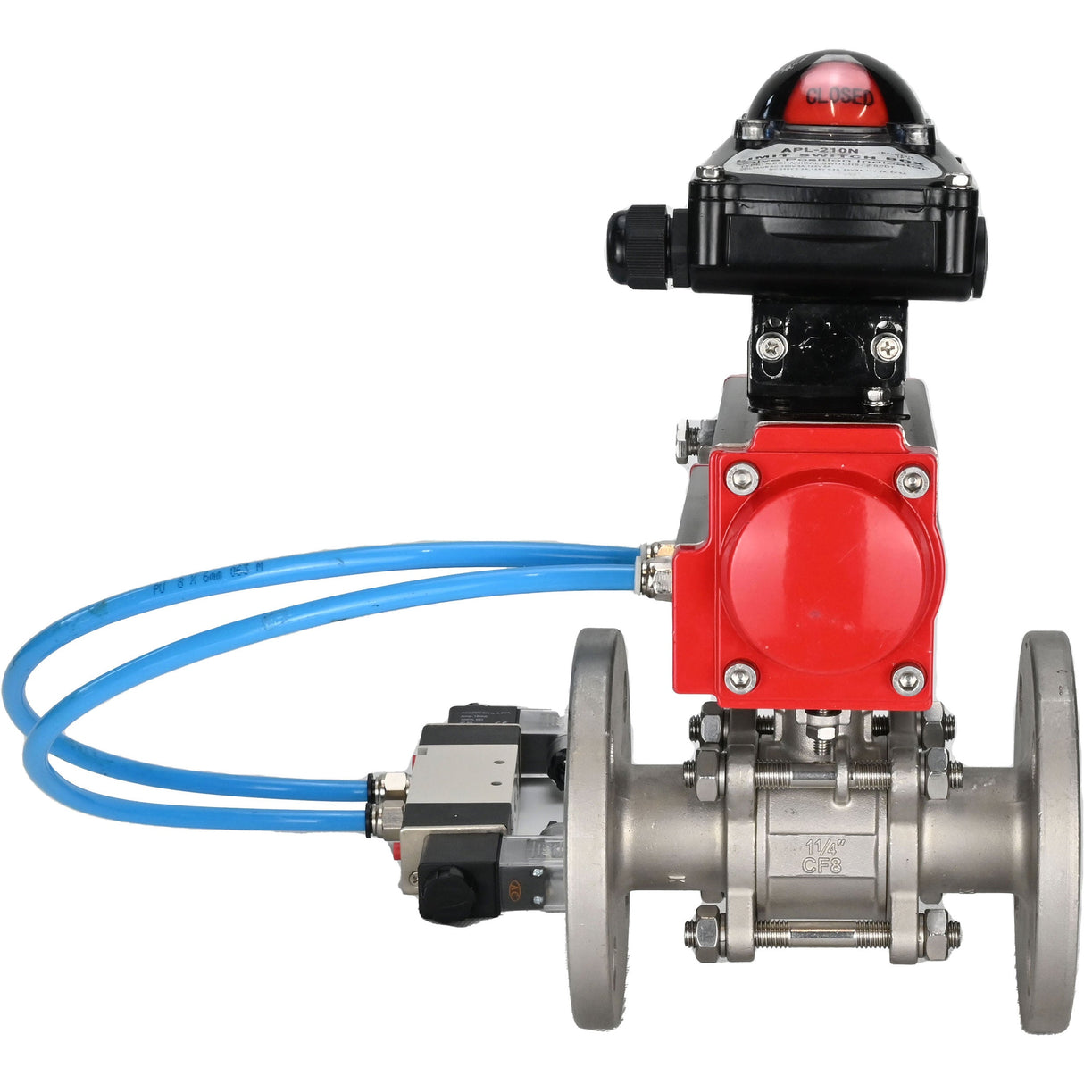 Ball valves Elephant BV3131P(3pc)-FP-F-ISO-H 16 bar, three-piece full bore flanged, stainless steel SS304, seal - PTFE, with pneumatic actuator PA-SA with return springs, with pneumatic distributor 4V320-08 220V, with LSU APL-210N