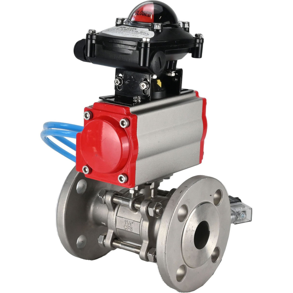 Ball valves Elephant BV3131P(3pc)-FP-F-ISO-H 16 bar, three-piece full bore flanged, stainless steel SS304, seal - PTFE, with pneumatic actuator PA-SA with return springs, with pneumatic distributor 4V320-10 220V, with LSU APL-210N