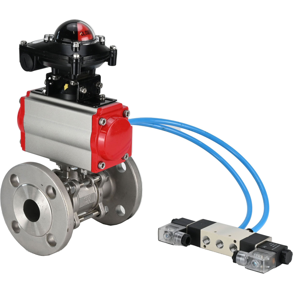 Ball valves Elephant BV3131P(3pc)-FP-F-ISO-H 16 bar, three-piece full bore flanged, stainless steel SS304, seal - PTFE, with double-acting PA-DA pneumatic actuator, with pneumatic distributor 4V320-08 220V, with LSU APL-210N