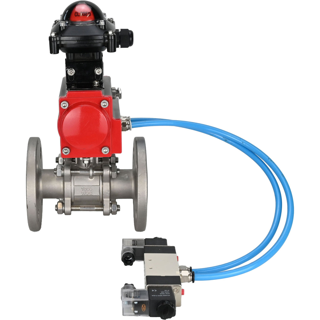 Ball valves Elephant BV3131P(3pc)-FP-F-ISO-H 16 bar, three-piece full bore flanged, stainless steel SS304, seal - PTFE, with pneumatic actuator PA-SA with return springs, with pneumatic distributor 4V320-08 220V, with LSU APL-210N