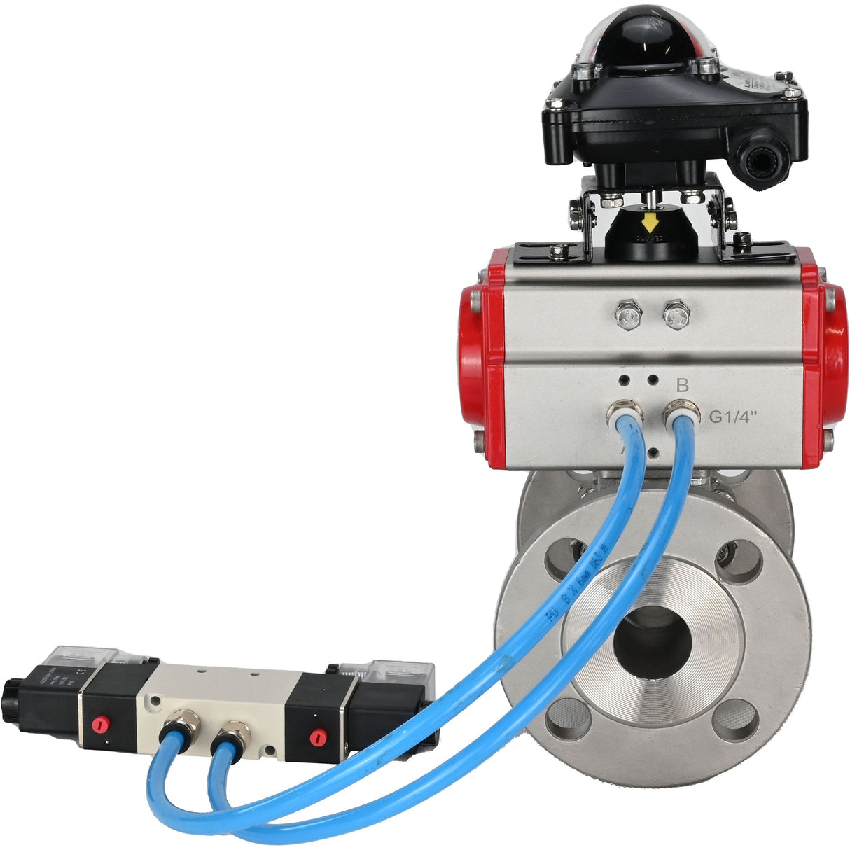 Ball valves Elephant BV3131P(3pc)-FP-F-ISO-H 16 bar, three-piece full bore flanged, stainless steel SS304, seal - PTFE, with double-acting PA-DA pneumatic actuator, with pneumatic distributor 4V320-10 220V, with LSU APL-210N