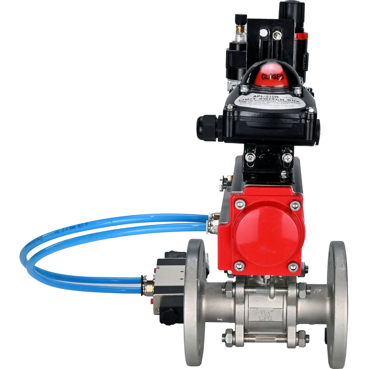 Ball valves Elephant BV3131P(3pc)-FP-F-ISO-H 16 bar, three-piece full bore flanged, stainless steel SS304, PTFE, with pneumatic actuator PA-SA with return springs, with pneumatic distributor 4V320-10 220V, with LSU APL -210N, with ATU AFC2000