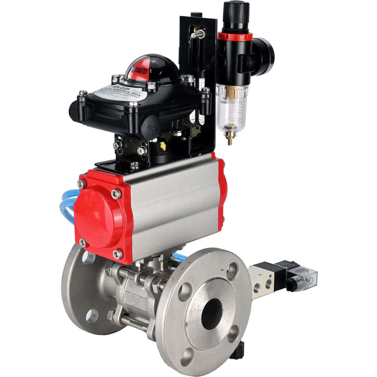 Ball valves Elephant BV3232P(3pc)-FP-F-ISO-H 16 bar, three-piece full bore flanged, stainless steel SS304, seal - PTFE, with double-acting PA-DA pneumatic actuator, with pneumatic distributor 4V320-08 220V, with LSU APL-210N, with ATU AFC2000