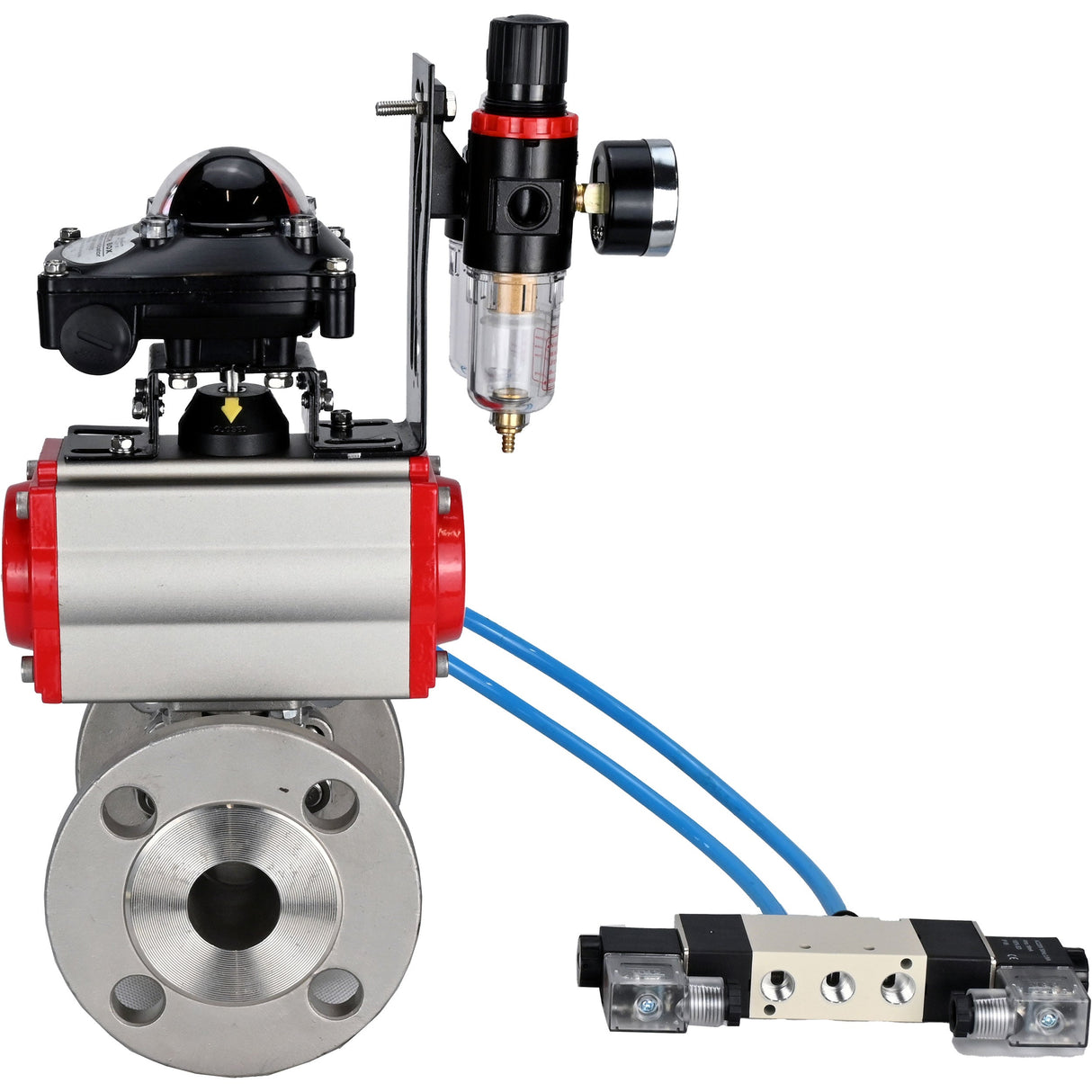 Ball valves Elephant BV3131P(3pc)-FP-F-ISO-H 16 bar, three-piece full bore flanged, stainless steel SS304, seal - PTFE, with double-acting PA-DA pneumatic actuator, with pneumatic distributor 4V320-08 220V, with LSU APL-210N, with ATU AFC2000