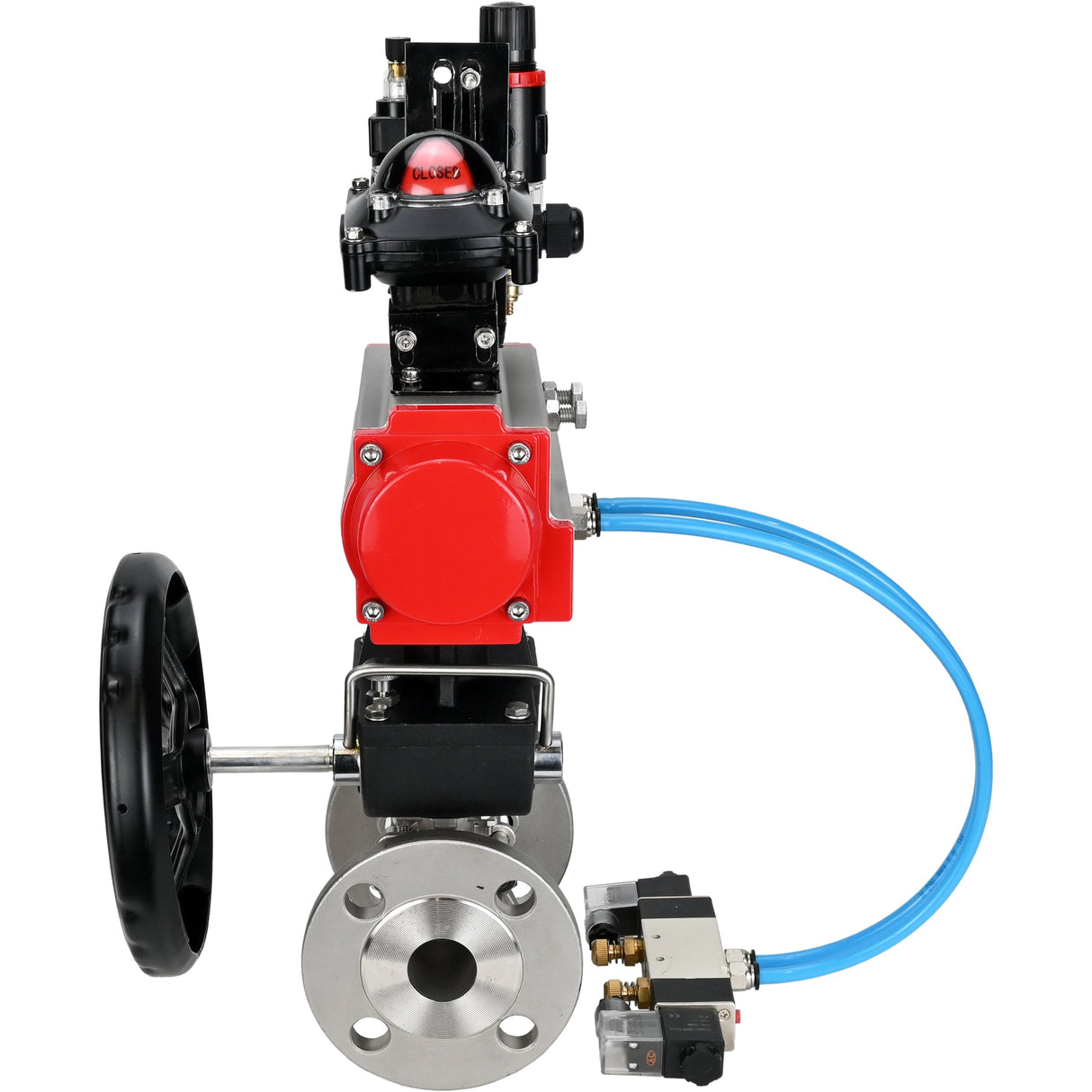 Ball valves Elephant BV3131P(3pc)-FP-F-ISO-H, body material - Stainless steel AISI 304, seal - PTFE / PTFE / Teflon, with pneumatic actuator double action PA-DA, 4V320-10 220V, LSU APL-210N, handwheel MON, ATU AFC2000