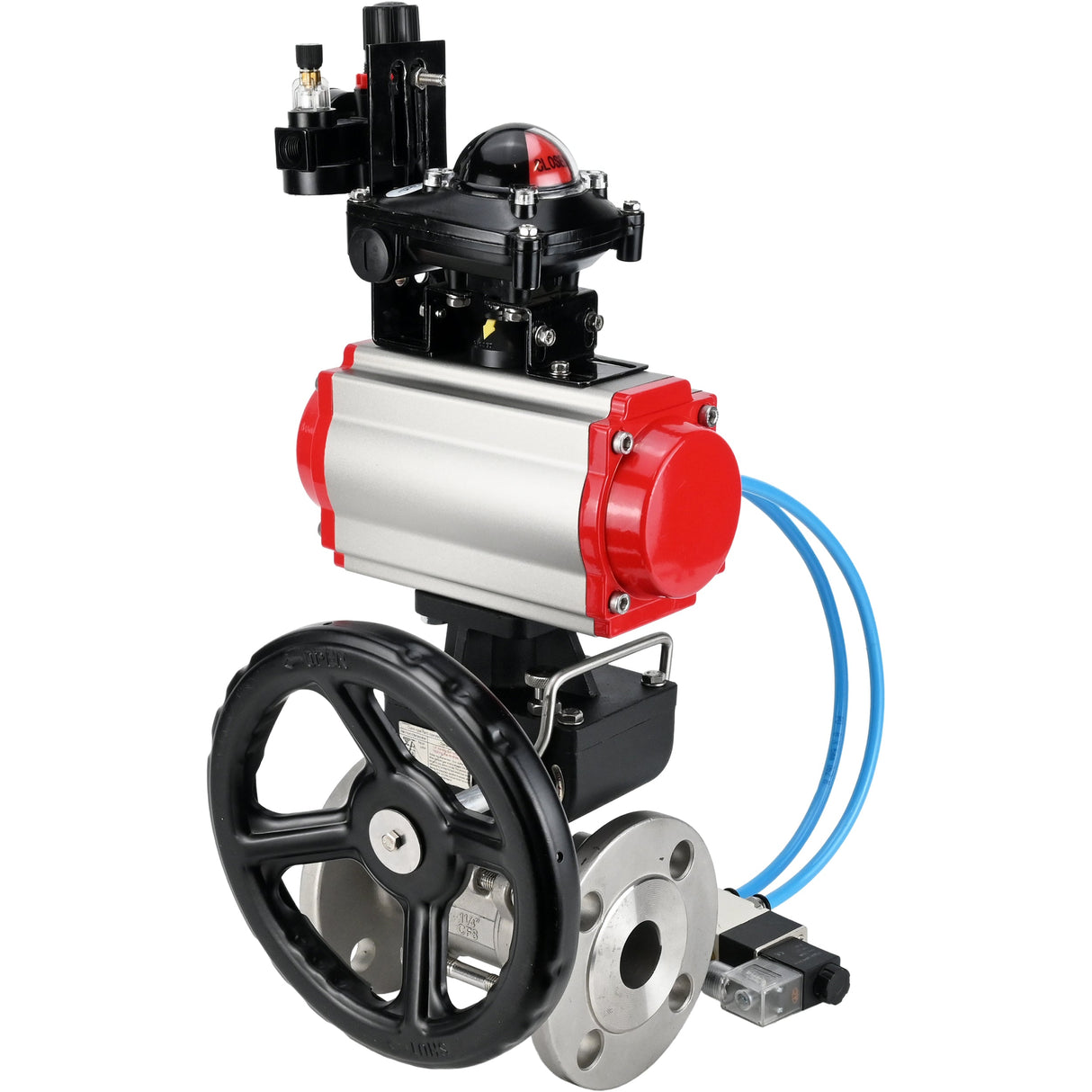 Ball valves Elephant BV3131P(3pc)-FP-F-ISO-H, body material - Stainless steel AISI 304, seal - PTFE / PTFE / Teflon, with pneumatic actuator double action PA-DA, 4V320-10 220V, LSU APL-210N, handwheel MON, ATU AFC2000