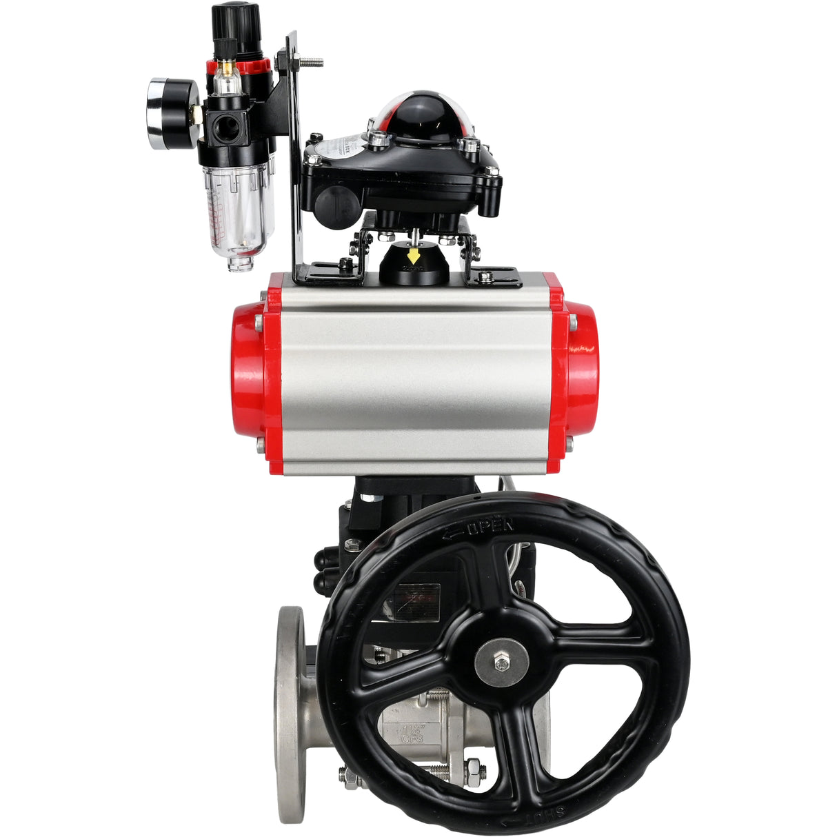 Ball valves Elephant BV3232P(3pc)-FP-F-ISO-H,  body material - Stainless steel AISI 316, seal - PTFE / PTFE / Teflon, with pneumatic actuator double action PA-DA, 4V320-10 220V, LSU APL-210N, handwheel MON, ATU AFC2000