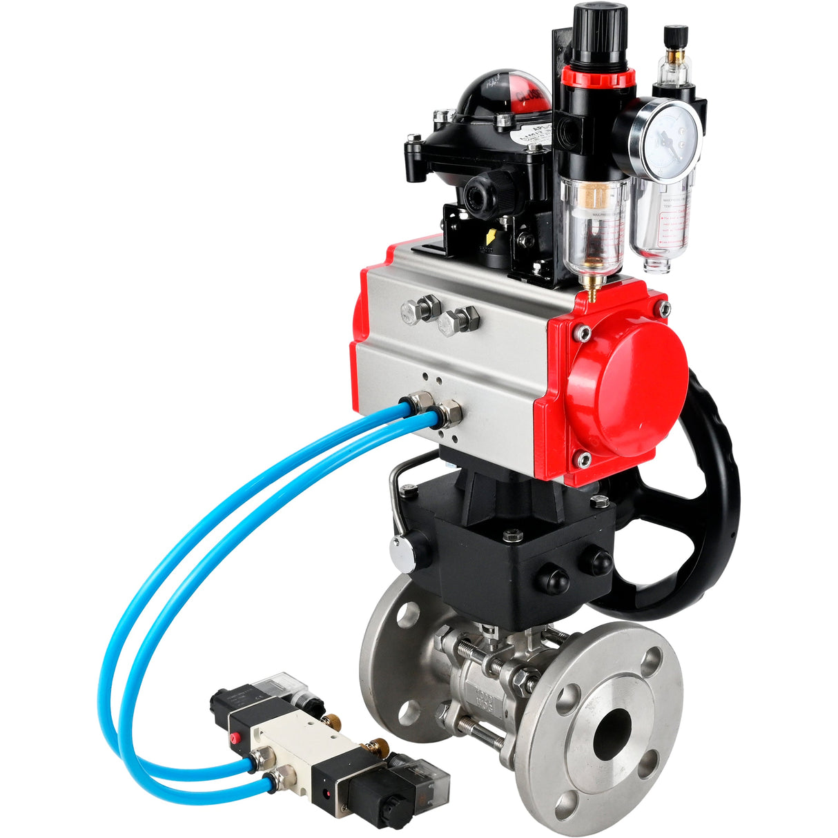 Ball valves Elephant BV3131P(3pc)-FP-F-ISO-H, body material - Stainless steel AISI 304, seal - PTFE / PTFE / Teflon, with pneumatic actuator double action PA-DA, 4V320-10 220V, LSU APL-210N, handwheel MON, ATU AFC2000