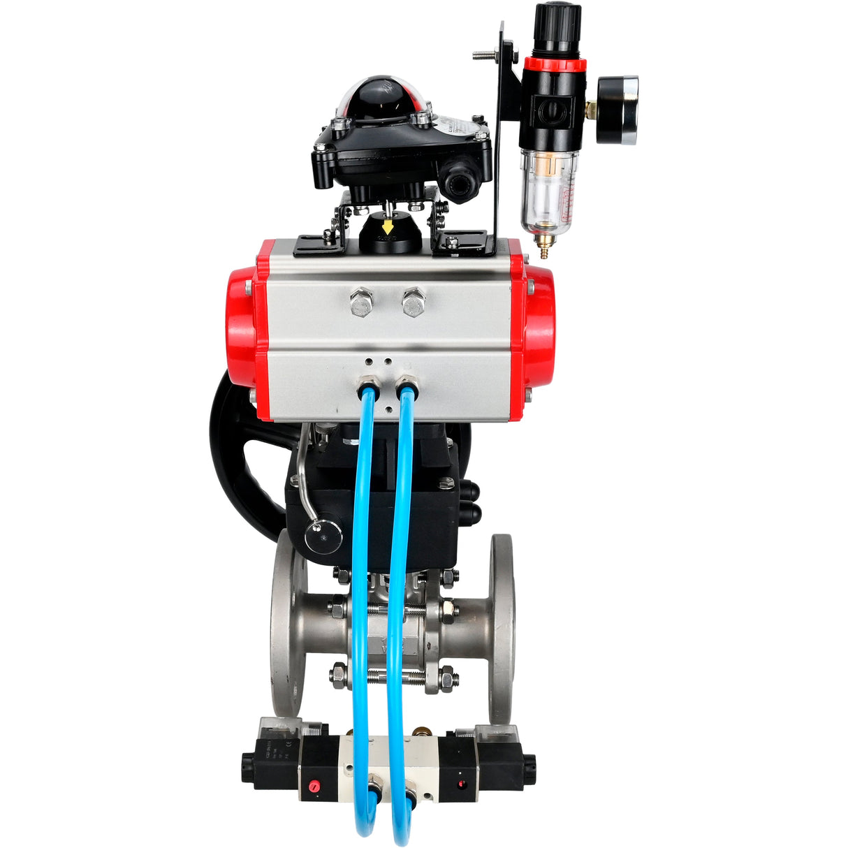 Ball valves Elephant BV3232P(3pc)-FP-F-ISO-H DN15-40 16 bar, three-piece full bore flanged, stainless steel SS304, PTFE, with pneumatic drive PA-DA, with pneumatic distributor 4V320-08 220V, with LSU APL-210N, manual Doubler MON1-250-T26-ISO, with ATU AFC