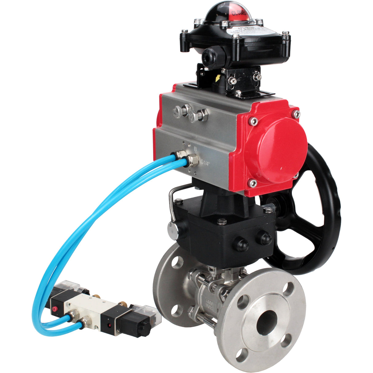 Ball valves Elephant BV3131P(3pc)-FP-F-ISO-H, body material - Stainless steel AISI 304, seal - PTFE / PTFE / Teflon, with pneumatic actuator double action PA-DA, 4V320-10 220V, LSU APL-210N, handwheel MON