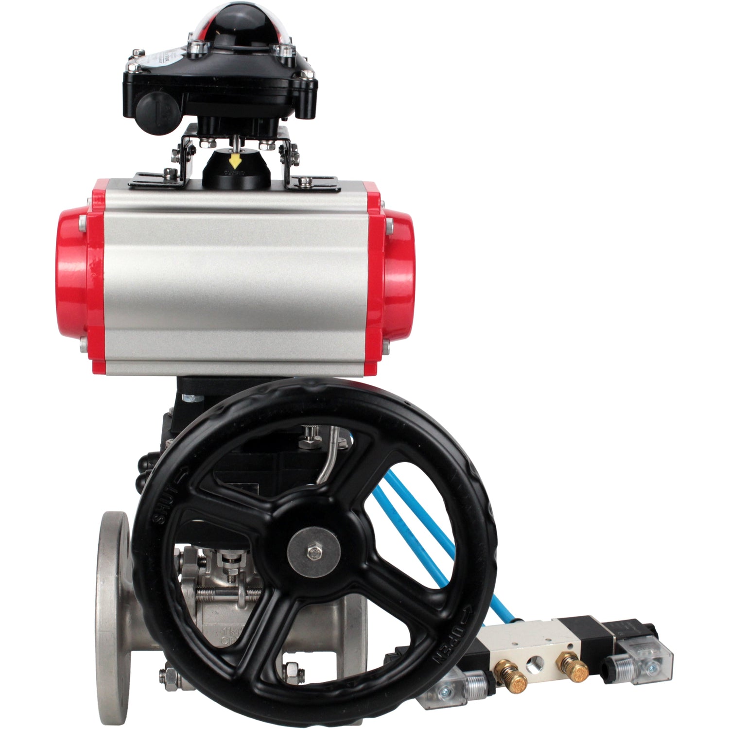 Ball valves Elephant BV3232P(3pc)-FP-F-ISO-H,  body material - Stainless steel AISI 316, seal - PTFE / PTFE / Teflon, with pneumatic actuator double action PA-DA, 4V320-10 220V, LSU APL-210N, handwheel MON