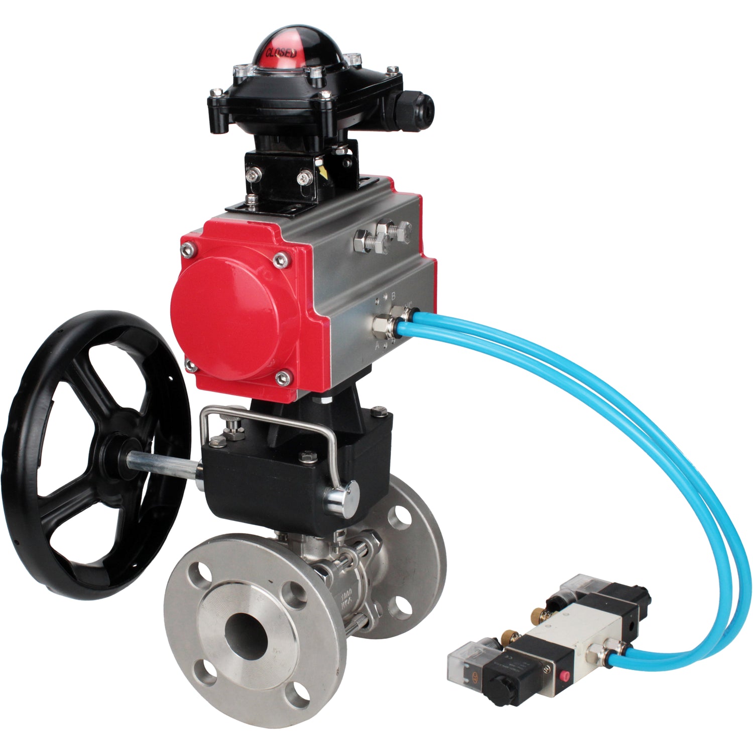 Ball valves Elephant BV3232P(3pc)-FP-F-ISO-H,  body material - Stainless steel AISI 316, seal - PTFE / PTFE / Teflon, with pneumatic actuator double action PA-DA, 4V320-10 220V, LSU APL-210N, handwheel MON