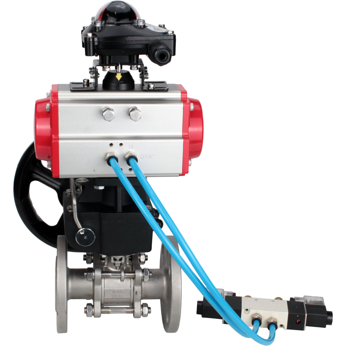 Ball valves Elephant BV3232P(3pc)-FP-F-ISO-H DN15-40 16 bar, three-piece full bore flanged, stainless steel SS304, PTFE, with double-acting PA-DA pneumatic actuator, with pneumatic distributor 4V320-08 220V, with LSU APL- 210N, manual Doubler MON1-250-T26