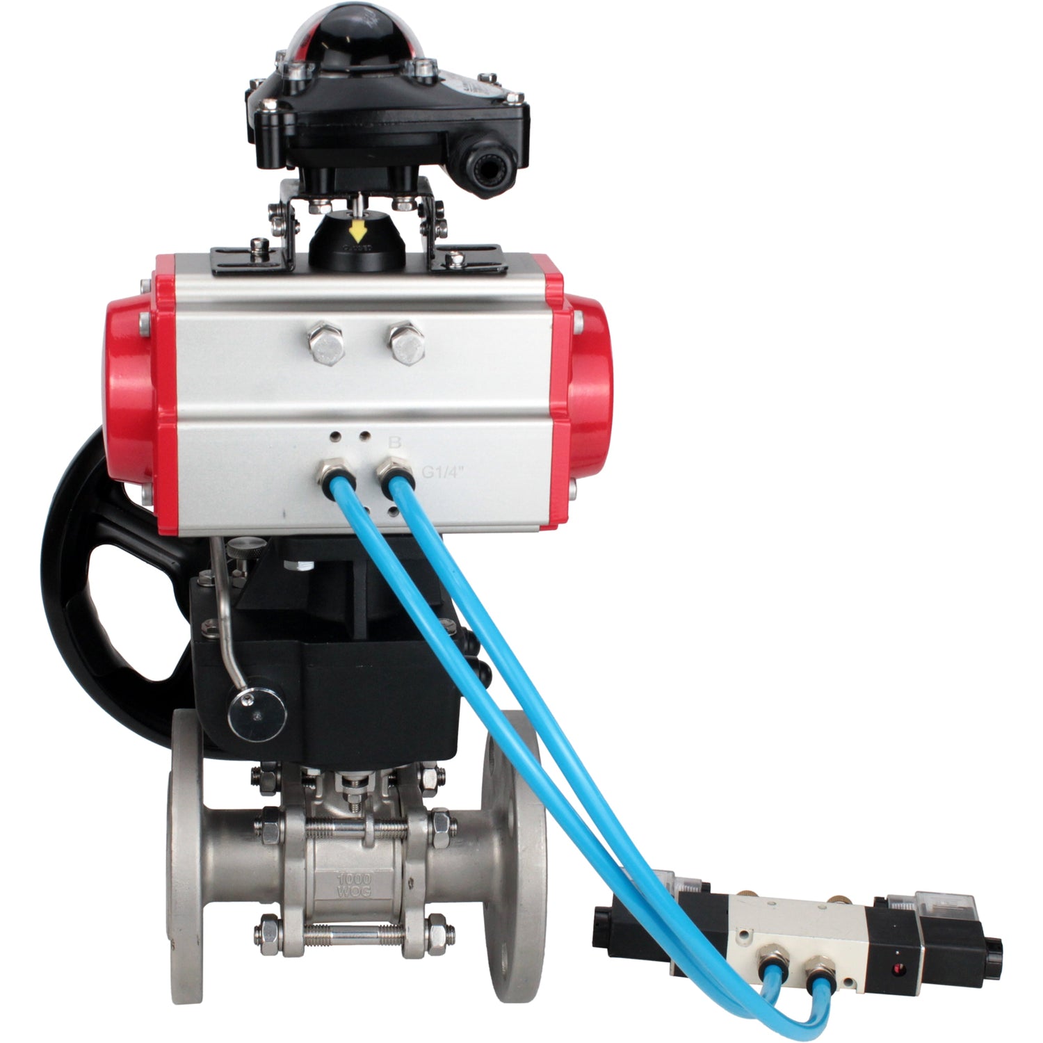 Ball valves Elephant BV3232P(3pc)-FP-F-ISO-H,  body material - Stainless steel AISI 316, seal - PTFE / PTFE / Teflon, with pneumatic actuator double action PA-DA, 4V320-10 220V, LSU APL-210N, handwheel MON