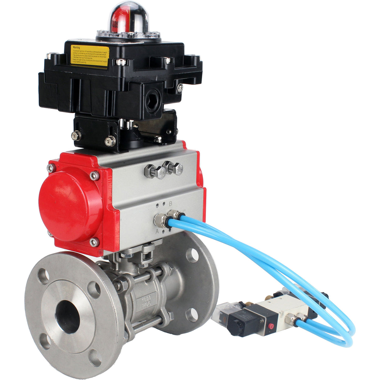 Ball valves Elephant BV3131P(3pc)-FP-F-ISO-H 16 bar, three-piece full bore flanged, stainless steel SS304, seal - PTFE, with pneumatic actuator PA-SA with return springs, with pneumatic distributor 4V320-08 220V, with LSU APL-410N EX