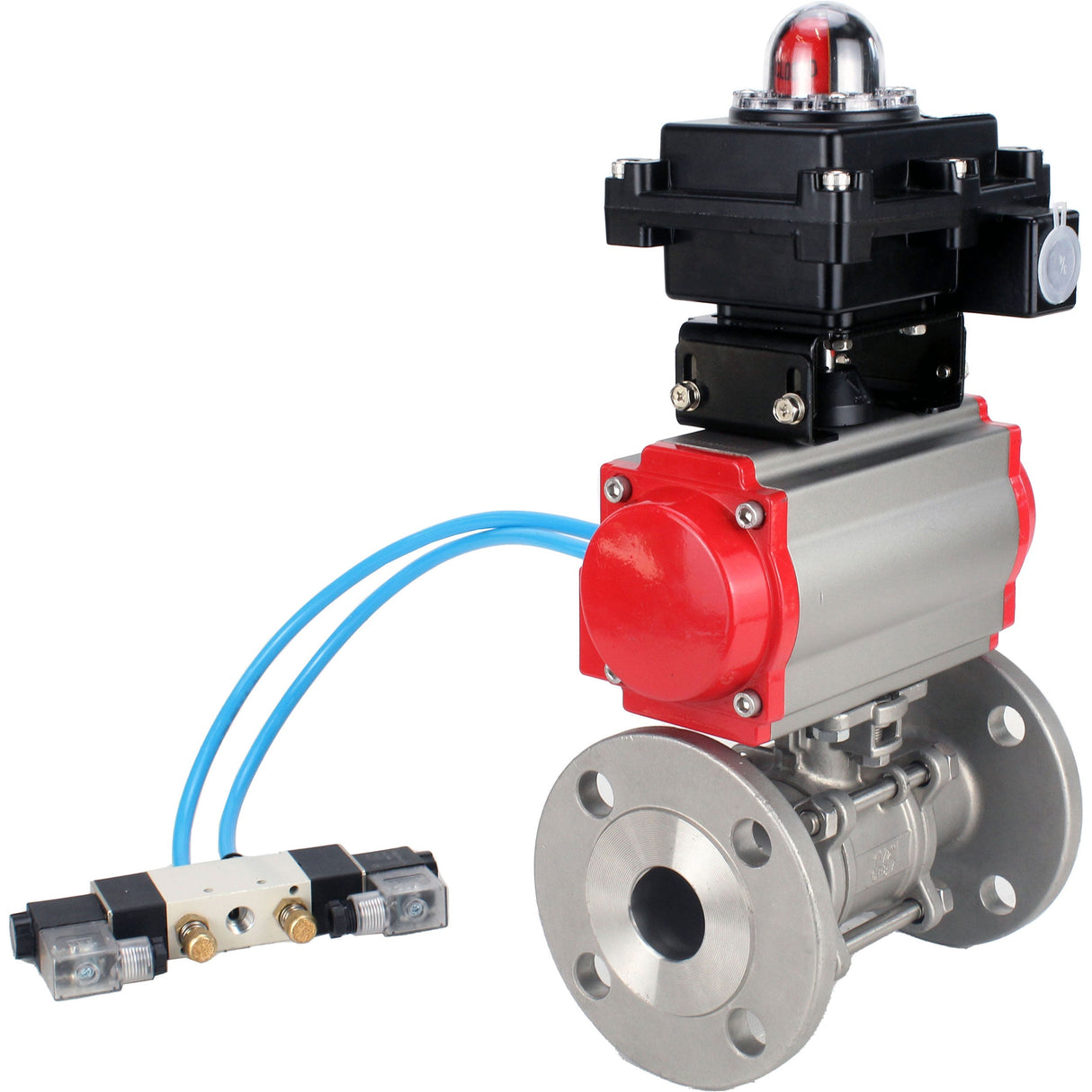 Ball valves Elephant BV3131P(3pc)-FP-F-ISO-H 16 bar, three-piece full bore flanged, stainless steel SS304, seal - PTFE, with double-acting PA-DA pneumatic actuator, with pneumatic distributor 4V320-08 220V, with LSU APL-410N EX