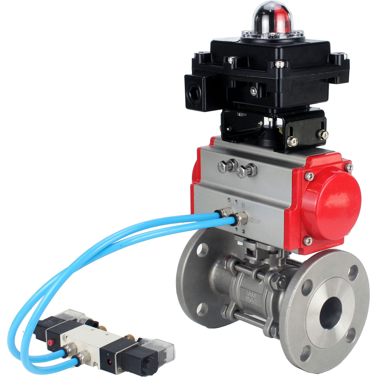 Ball valves Elephant BV3232P(3pc)-FP-F-ISO-H 16 bar, three-piece full bore flanged, stainless steel SS304, seal - PTFE, with double-acting PA-DA pneumatic actuator, with pneumatic distributor 4V320-08 220V, with LSU APL-410N EX