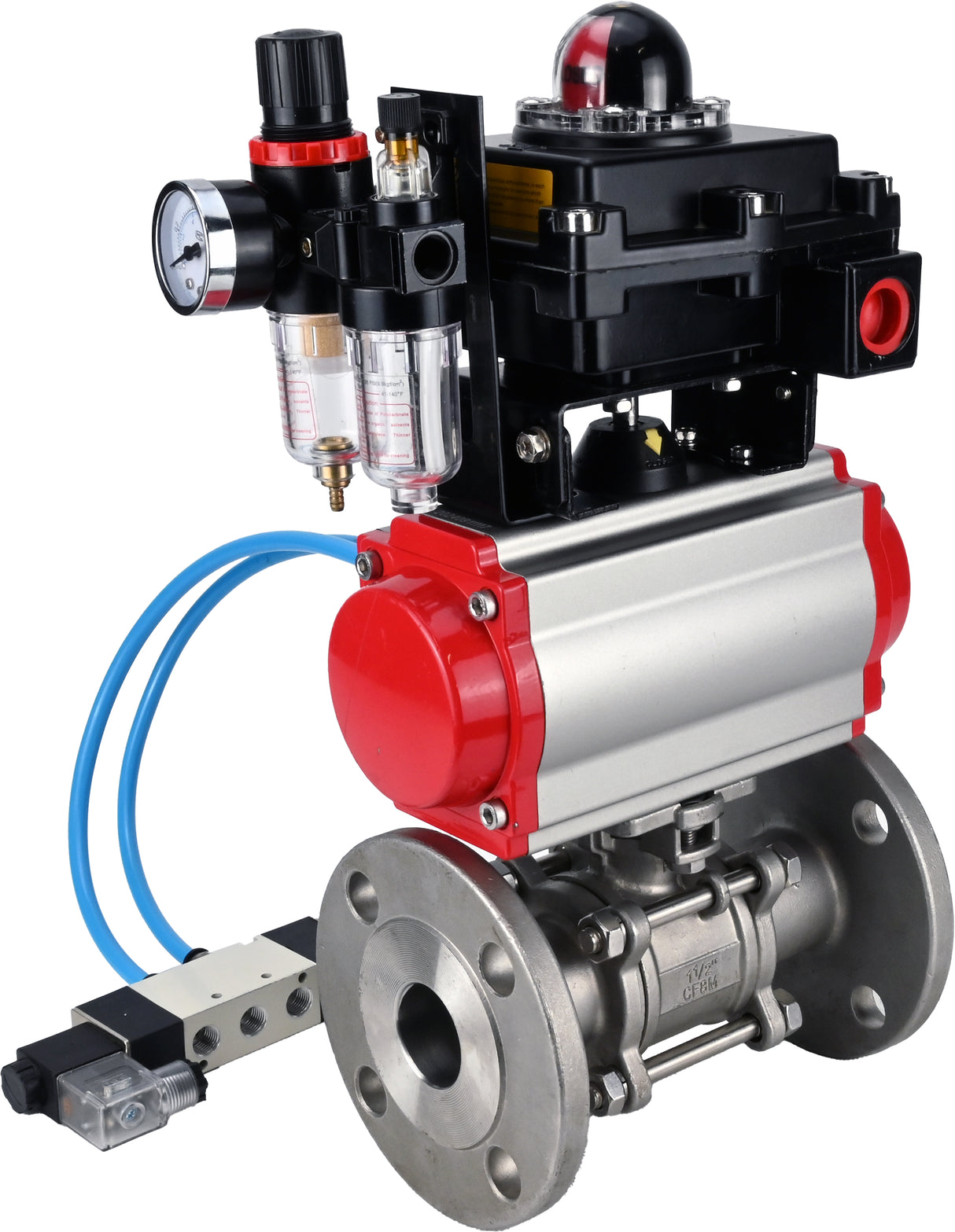 Ball valves Elephant BV3232P(3pc)-FP-F-ISO-H 16 bar, three-piece full bore flanged, stainless steel SS304, PTFE, with pneumatic actuator PA-SA with return springs, with pneumatic distributor 4V320-08 220V, with LSU APL -410N EX, with ATU AFC2000
