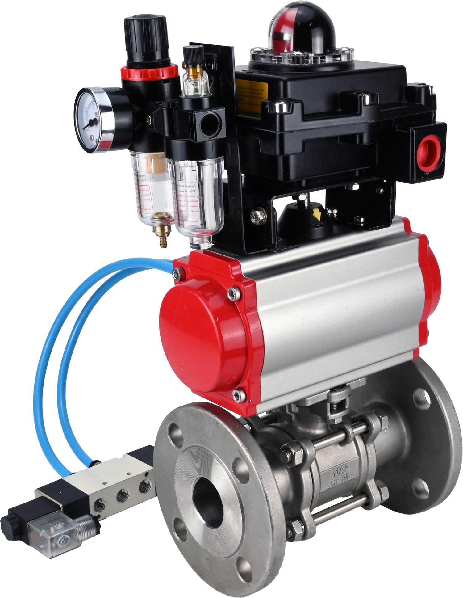 Ball valves Elephant BV3232P(3pc)-FP-F-ISO-H 16 bar, three-piece full bore flanged, stainless steel SS304, PTFE, with pneumatic actuator PA-SA with return springs, with pneumatic distributor 4V320-08 220V, with LSU APL -410N EX, with ATU AFC2000