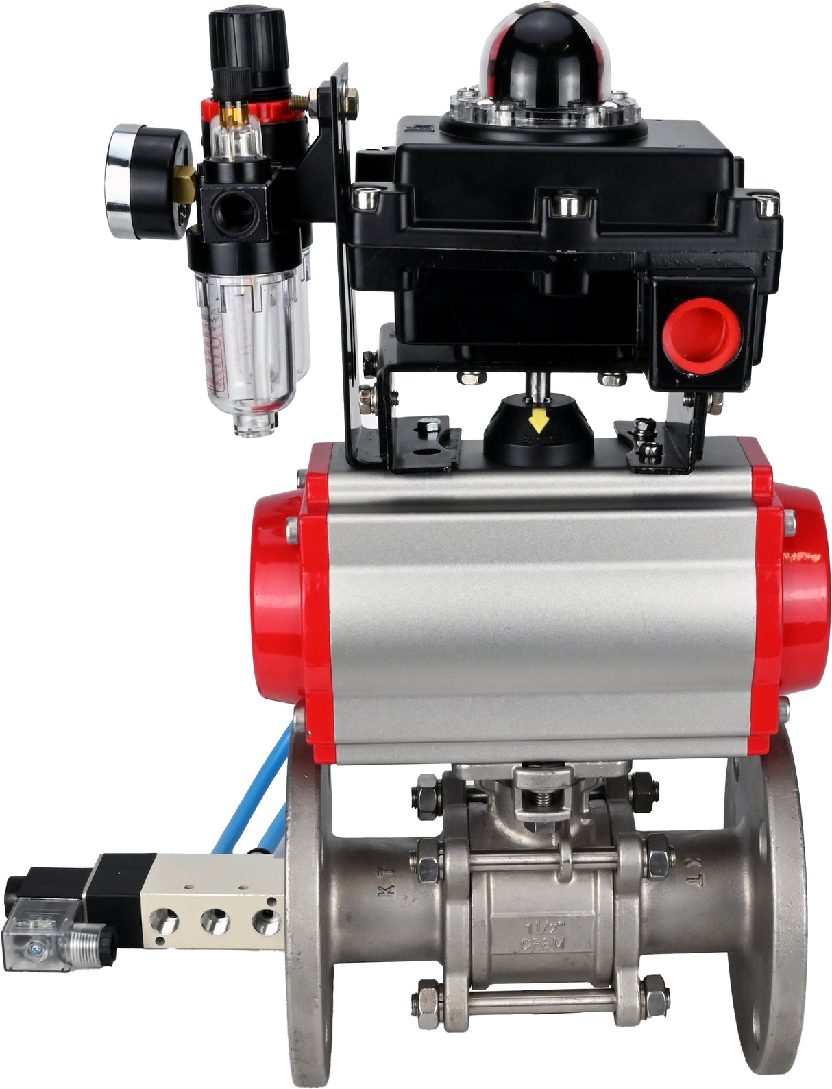 Ball valves Elephant BV3232P(3pc)-FP-F-ISO-H 16 bar, three-piece full bore flanged, stainless steel SS304, PTFE, with pneumatic actuator PA-SA with return springs, with pneumatic distributor 4V320-08 220V, with LSU APL -410N EX, with ATU AFC2000