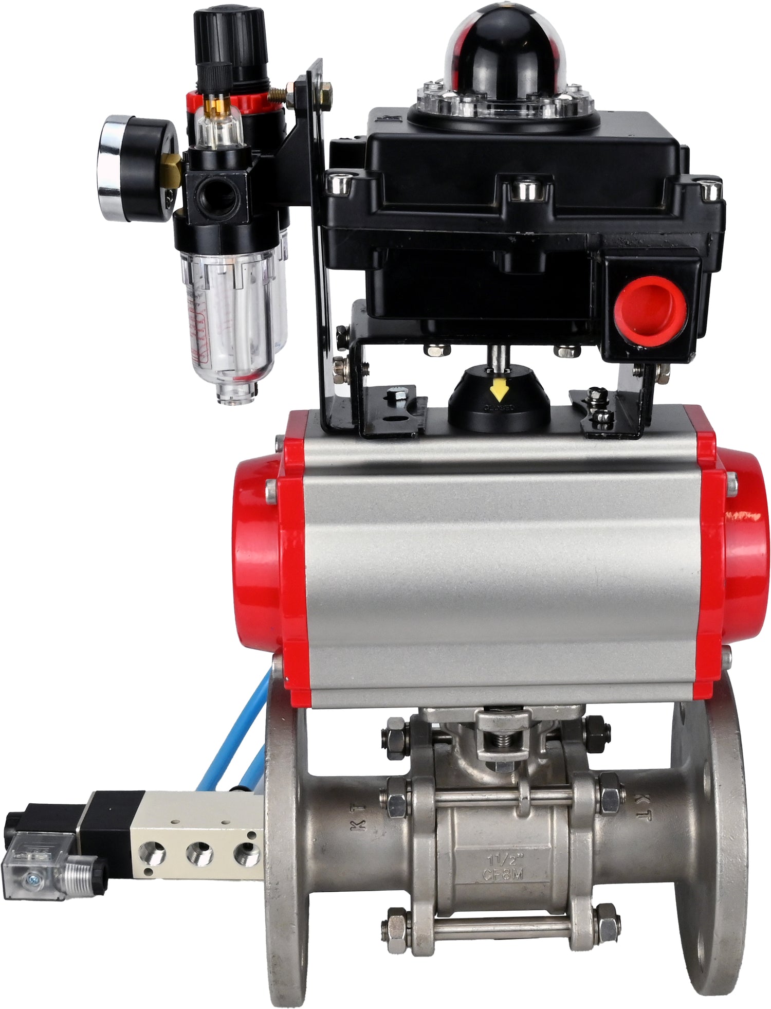 Ball valves Elephant BV3232P(3pc)-FP-F-ISO-H 16 bar, three-piece full bore flanged, stainless steel SS304, PTFE, with pneumatic actuator PA-SA with return springs, with pneumatic distributor 4V320-08 220V, with LSU APL -410N EX, with ATU AFC2000