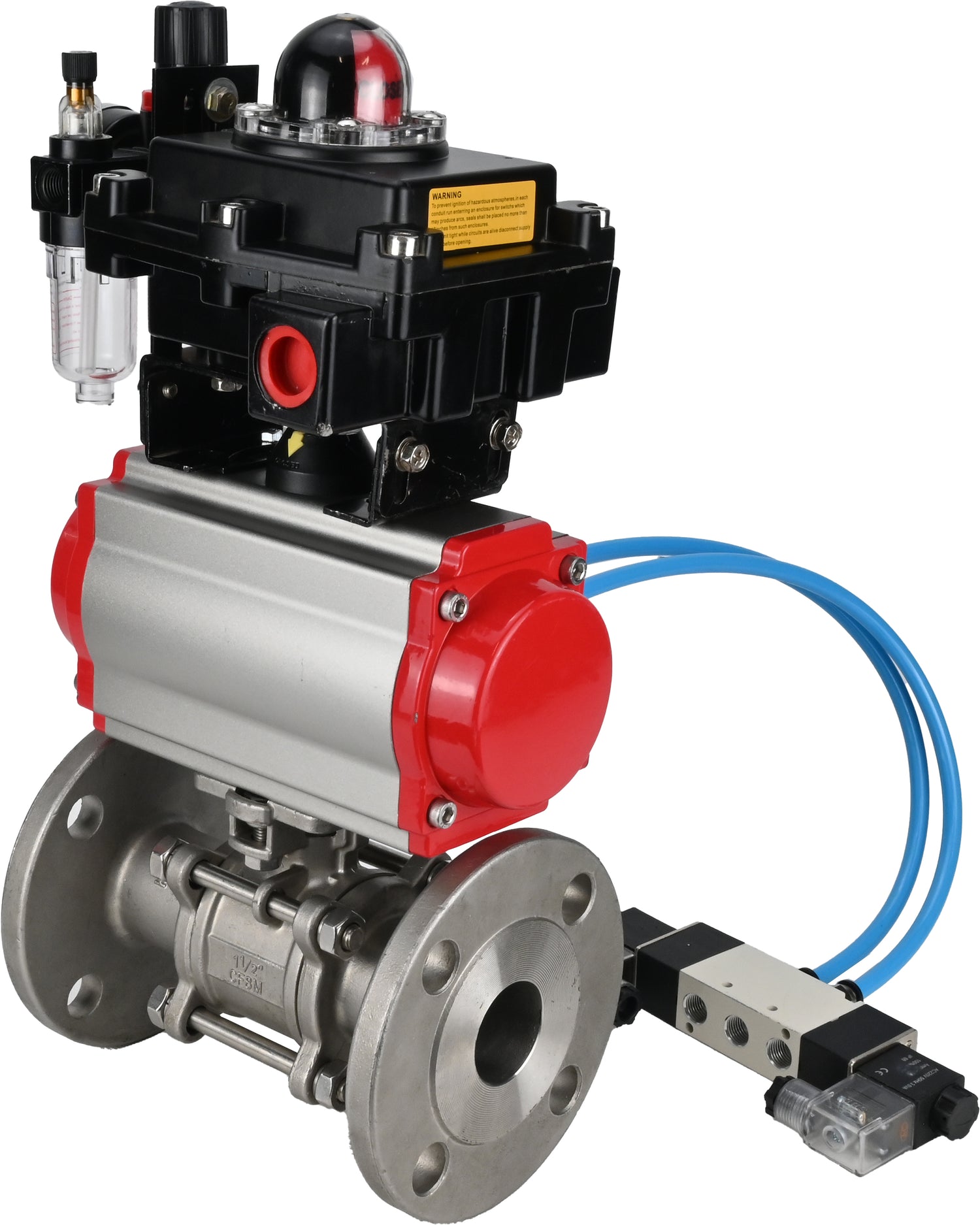 Ball valves Elephant BV3232P(3pc)-FP-F-ISO-H 16 bar, three-piece full bore flanged, stainless steel SS304, PTFE, with pneumatic actuator PA-SA with return springs, with pneumatic distributor 4V320-08 220V, with LSU APL -410N EX, with ATU AFC2000